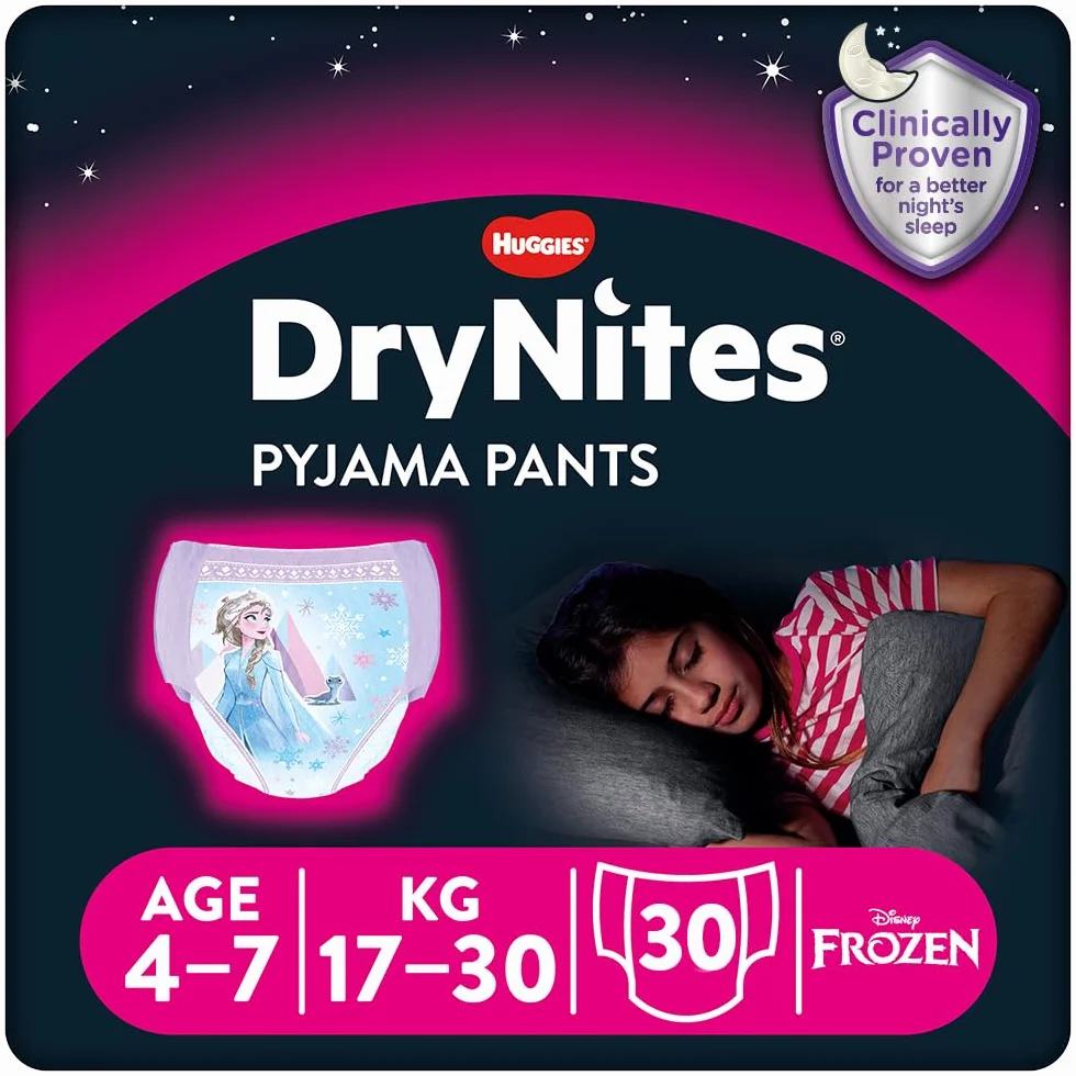 HUGGIES DryNites dziewczęce spodnie piżamowe – rozmiary 4-7 lat (30 spodni) – niezrównana ochrona w nocy z dyskretną ochroną i zabawnymi wzorami, 4-7 Years, Tworzywo sztuczne