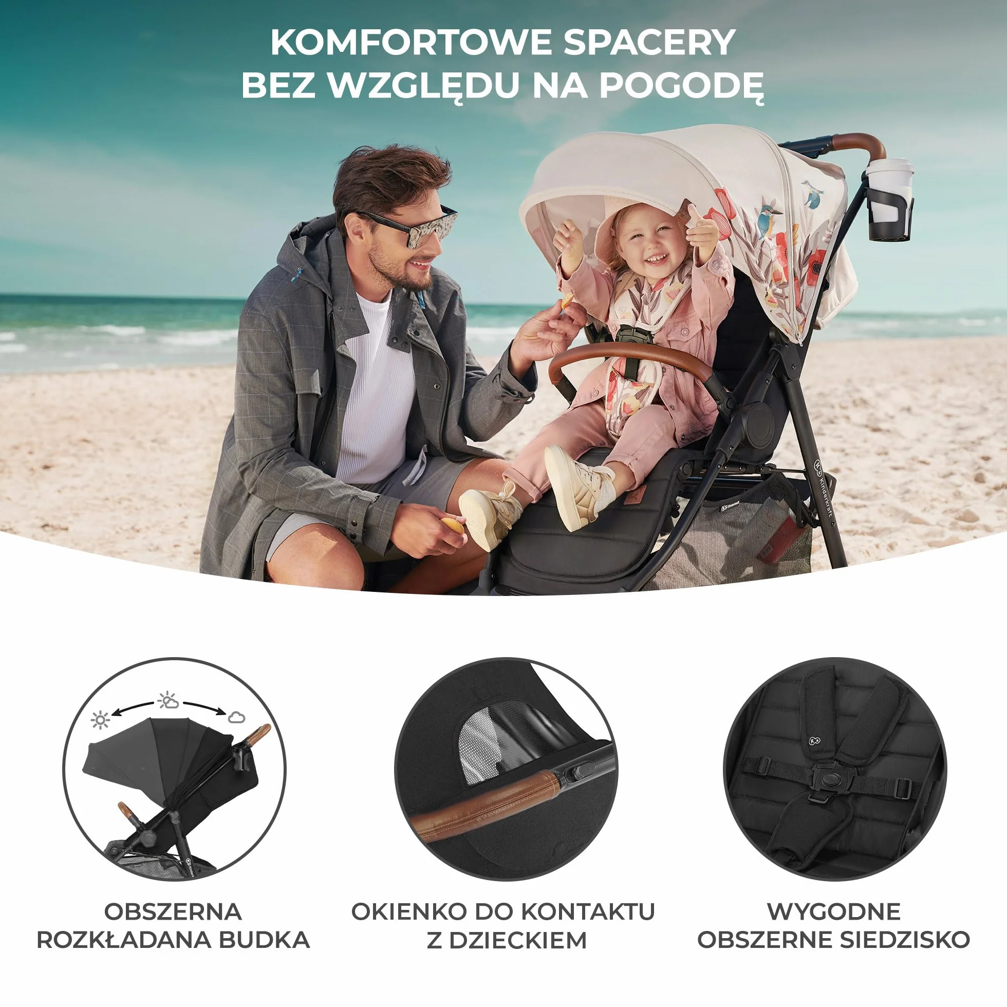 Kinderkraft GRANDE PLUS Wózek dziecięcy dla dzieci od urodzenia do 22 kg, Spacerówka, Regulowane oparcie do pozycji leżącej, Obszerne siedzisko, Składanie jedną ręką, Amortyzowane koła, Czarny