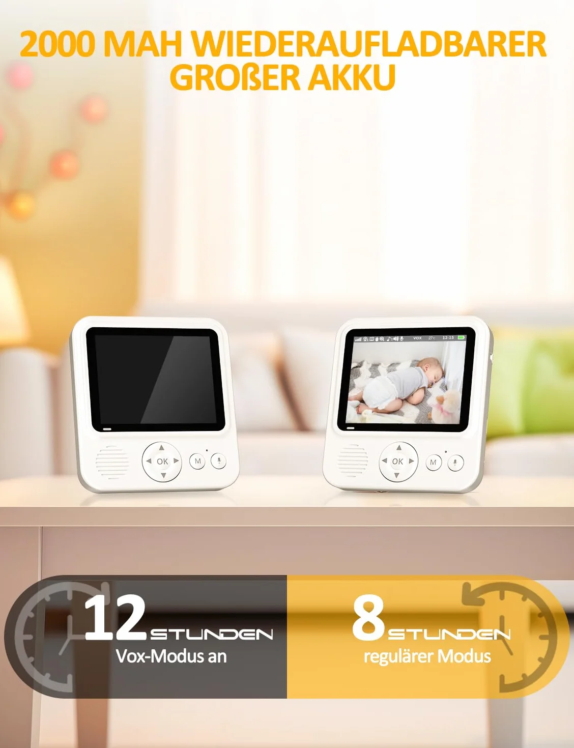 OBVHNUA Niania elektroniczna z ekranem 2,8" IPS, rozdzielczość 720p, podczerwień, dwukierunkowa komunikacja, monitorowanie temperatury, kołysanki, bateria 2000mAh, 2,4GHz FHSS, bez Wi-Fi