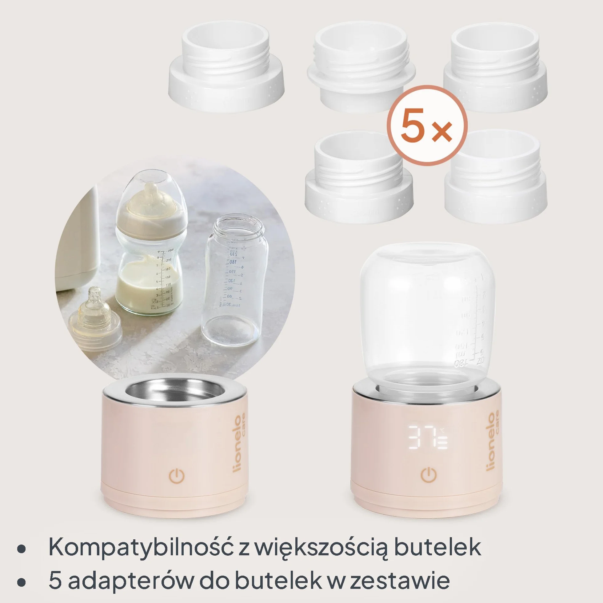Lionelo Thermup Swift Podgrzewacz do Butelek Przenośny Bezprzewodowy, USB-C, Szybkie Podgrzewanie w 3 Min, 4 Temperatury 37-50 C, Podtrzymanie do 6 h, 5 Adapterów, Czujnik Braku Cieczy, z Akumulatorem