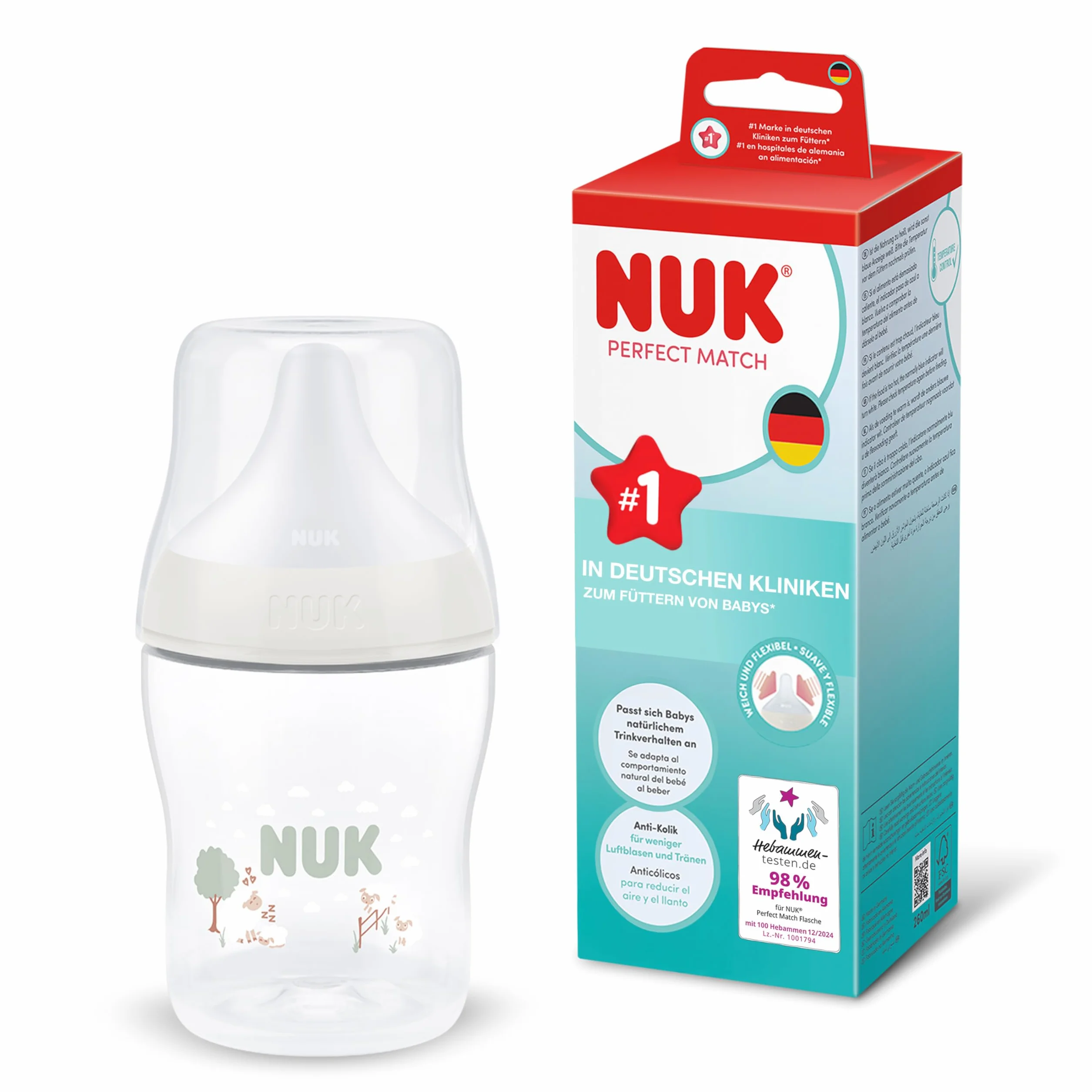 NUK Perfect Match Butelka dla niemowląt | 0+ miesięcy | 150 ml | Butelka przeciwkolkowa | PP | Wskaźnik kontroli temperatury | Owca | 1 sztuka