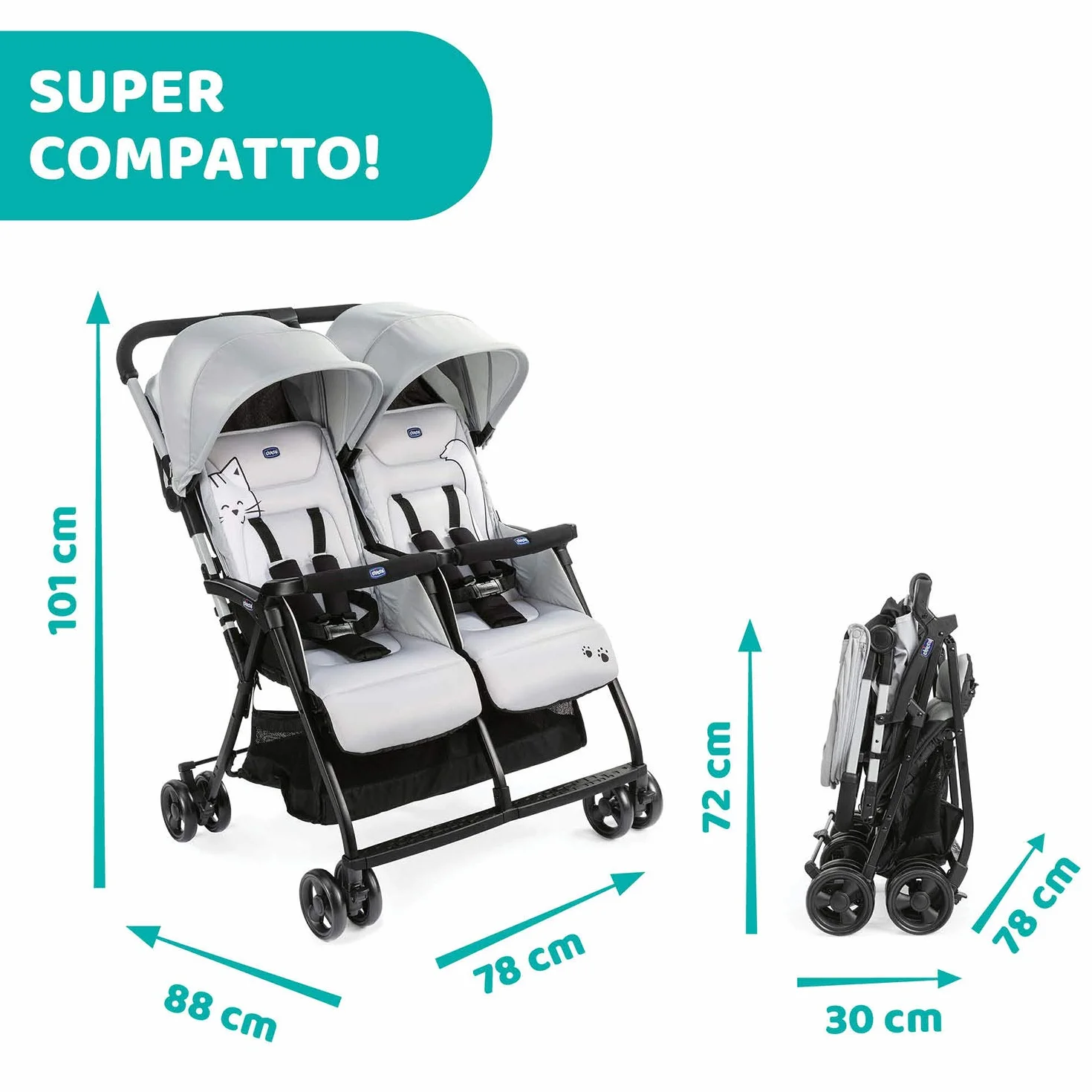 Chicco OHlalà Twin Podwójny Wózek Spacerowy od Urodzenia do 15 kg dla Bliźniaków i Rodzeństwa, Lekki Rozkładany i Składany Wózek, Kompaktowy po Złożeniu, Okrycie Przeciwdeszczowe i Powiększana Budka