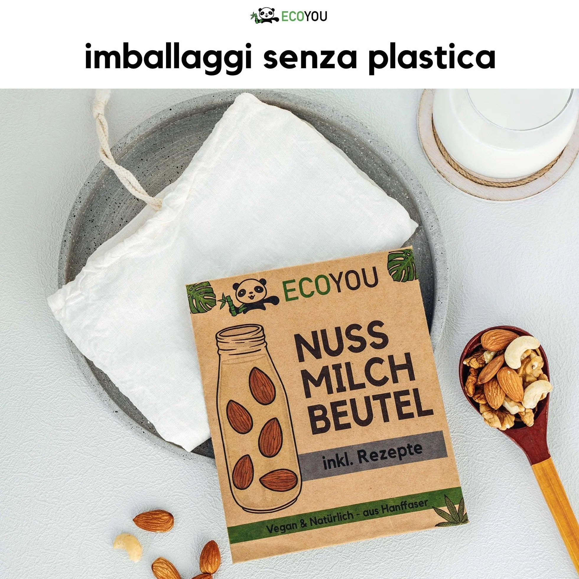 Ecoyou EYNM Ekologiczny Woreczek Do Mleka Orzechowego Z Konopi, Biały, 30 x 25 cm