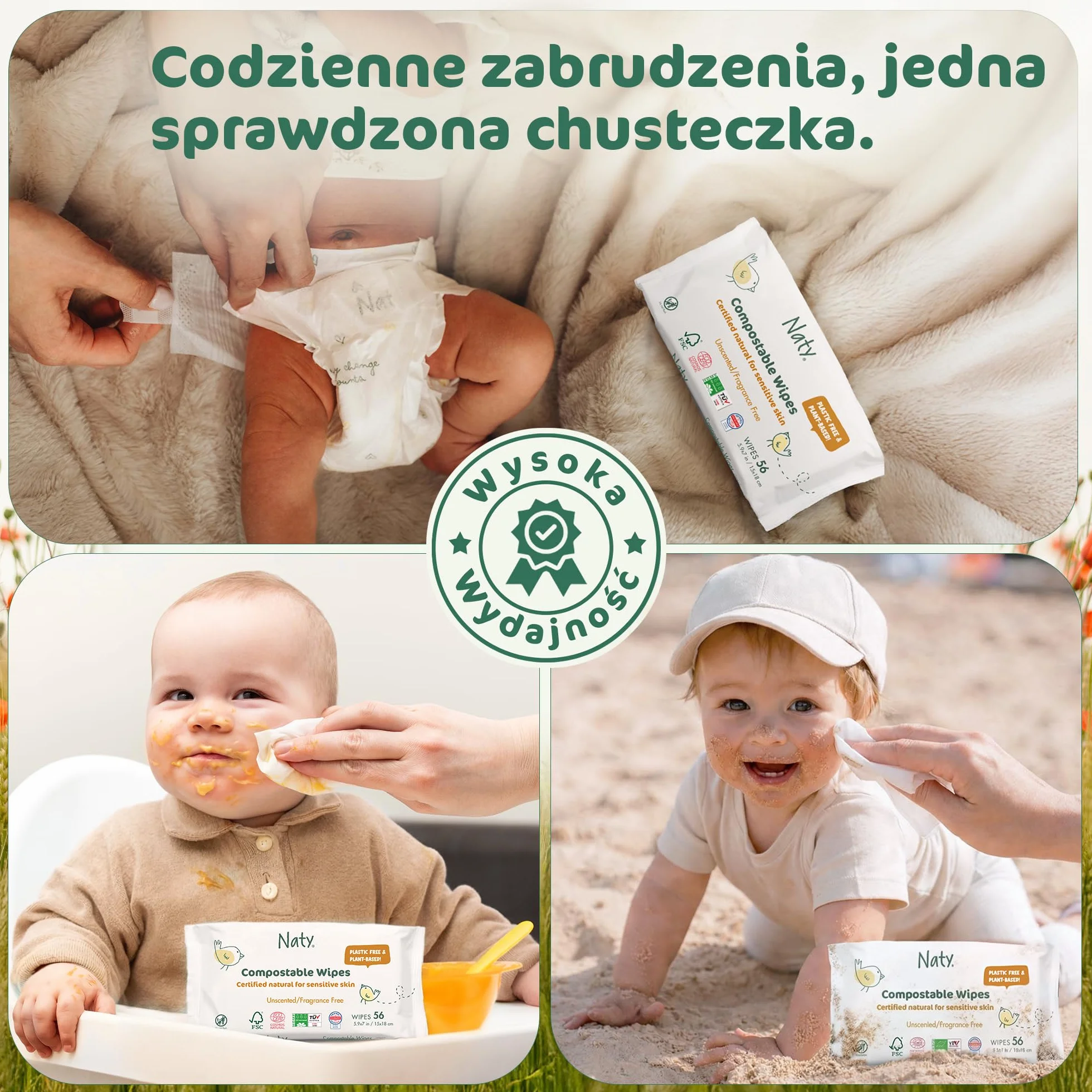 Naty Chusteczki dla Niemowląt | 98% Wody, Hipoalergiczne & Naturalne dla Wrażliwej Skóry | Bez Zapachu, Roślinne | Noworodek & Małe Dziecko | 672 sztuk (12 op.)