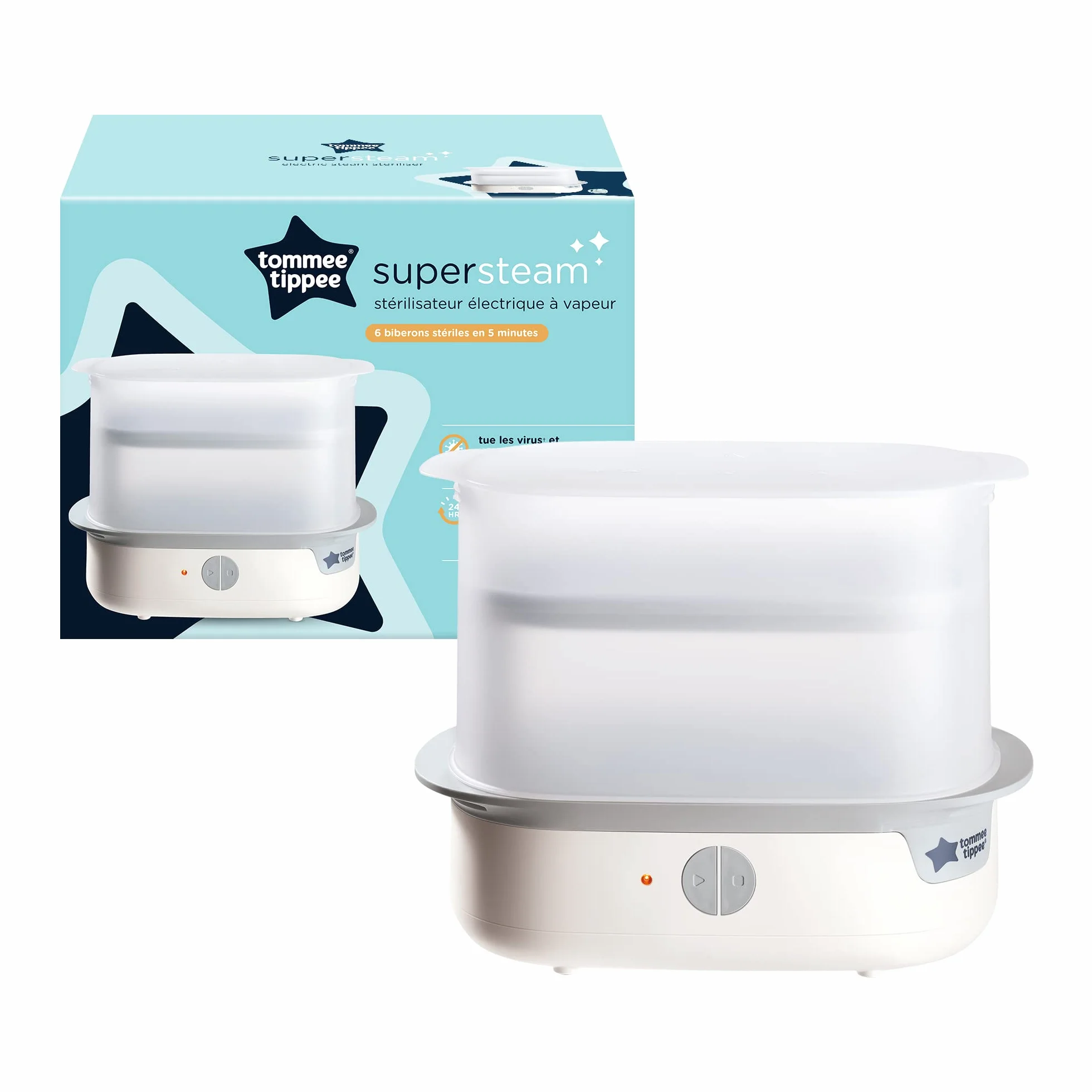 Tommee Tippee Advanced do butelek, Elektryczny sterylizator parowy, zabija wirusy* i 99,9% bakterii, 5-minutowy cykl sterylizacji, biały