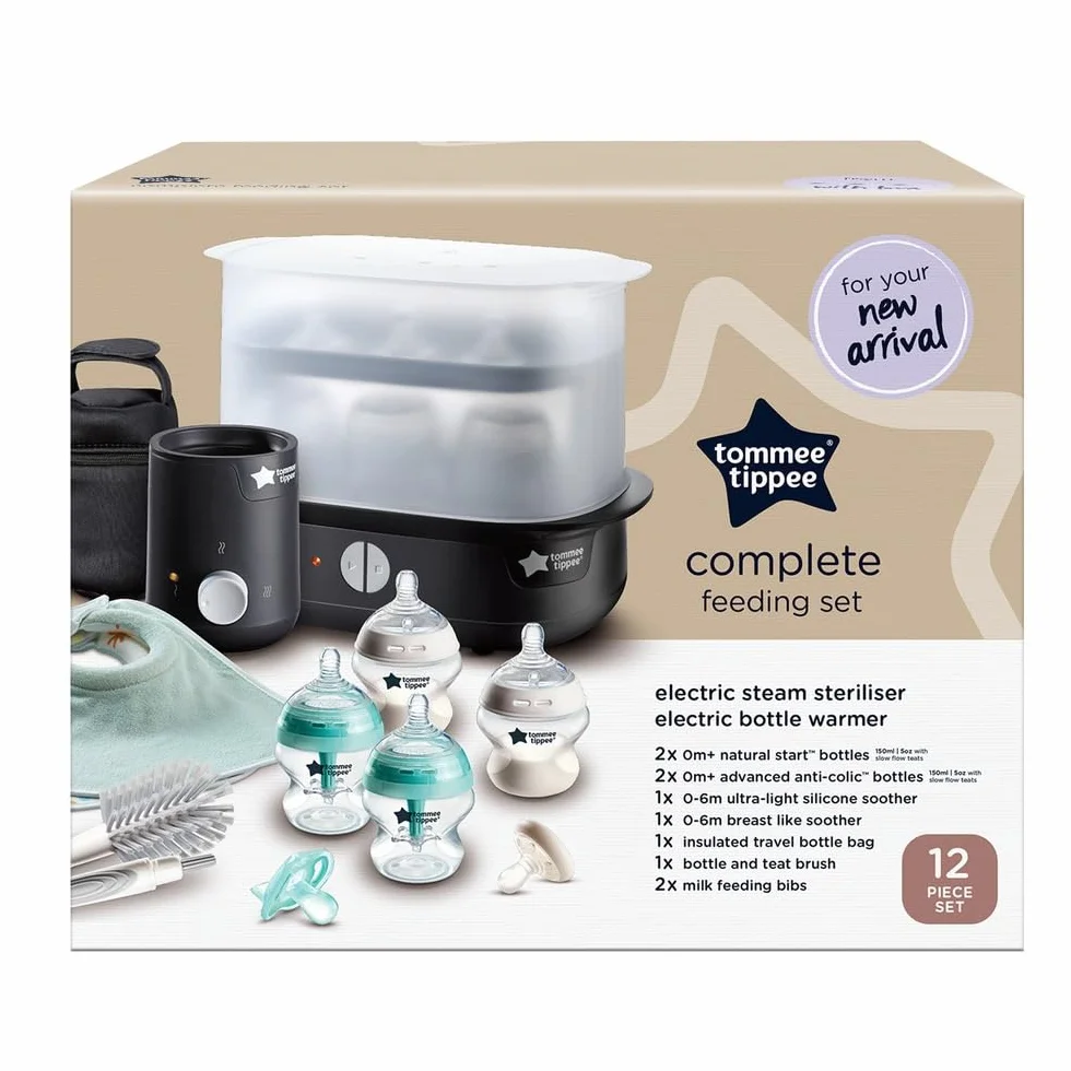 Tommee Tippee Closer to Nature kompletny zestaw do karmienia, elektryczny sterylizator parowy z izolowaną torbą na butelkę, butelki dla noworodków i podgrzewacz do butelek, czarny