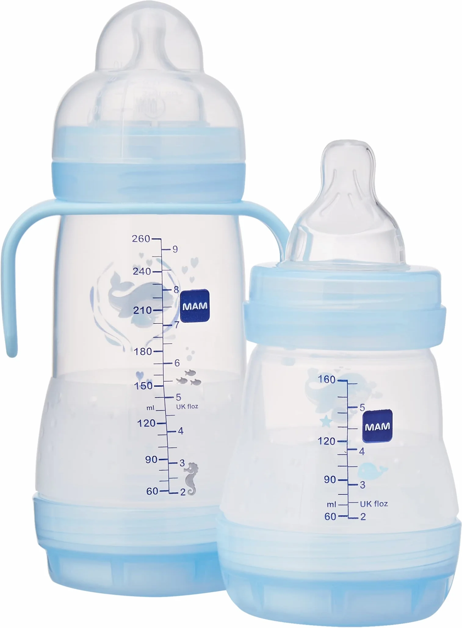 MAM Zestaw 8 butelek z silikonowym smoczkiem Skinsoft Easy Start Easy Start, 1 smoczek Nanò, 1 bardzo miękki wylewka i uchwyty, jasnoniebieski