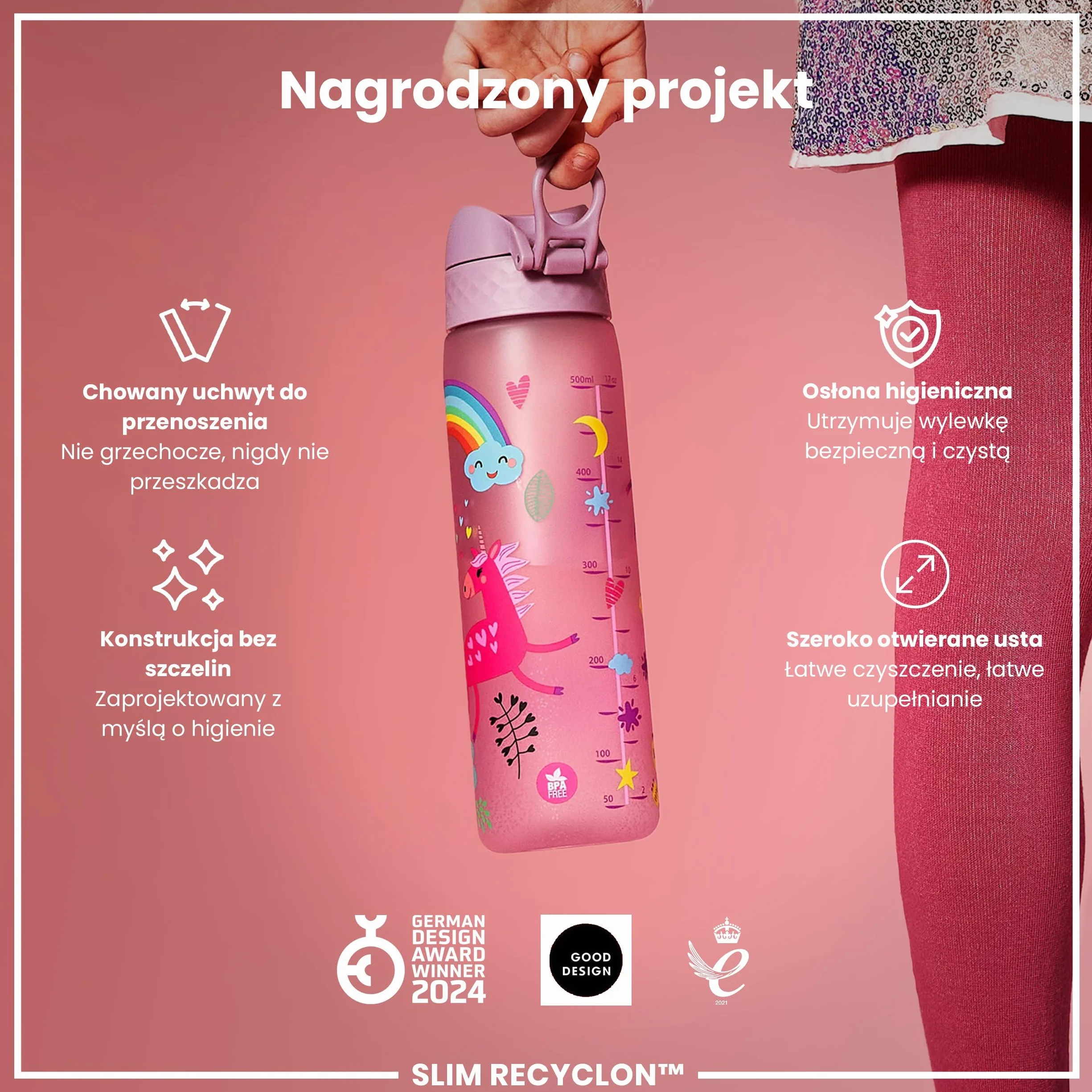 ION8 Butelka na Wodę, 500 ml/18 oz, Szczelna, Łatwe Otwieranie, Bezpieczny Zamek, Można Myć w Zmywarce, Bez BPA, Higieniczne Pokrycie, Uchwyt do Przenoszenia, Łatwa Czyszczenie, Liliowe Jednorożce