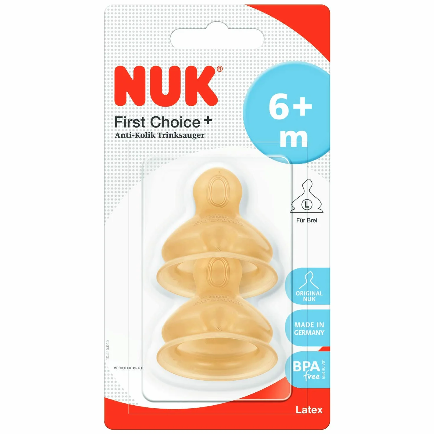 NUK First Choice+ Baby Bottle Teat, 6-18 Months, Latex with Large Feed Hole, Anti-Colic, 2 Count