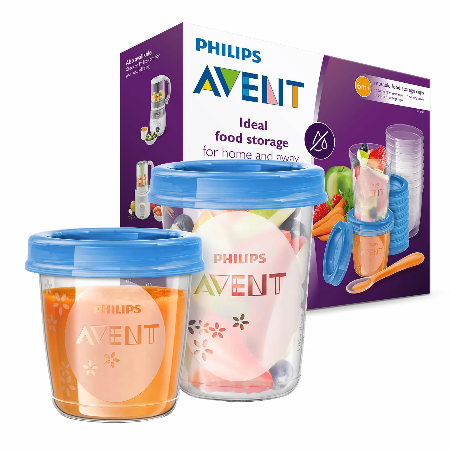 Philips Avent SCF721/20 pojemnik do przechowywania żywności dla niemowląt, 20 sztuk (10 x 180 ml, 10 x 240 ml), z zakrętką