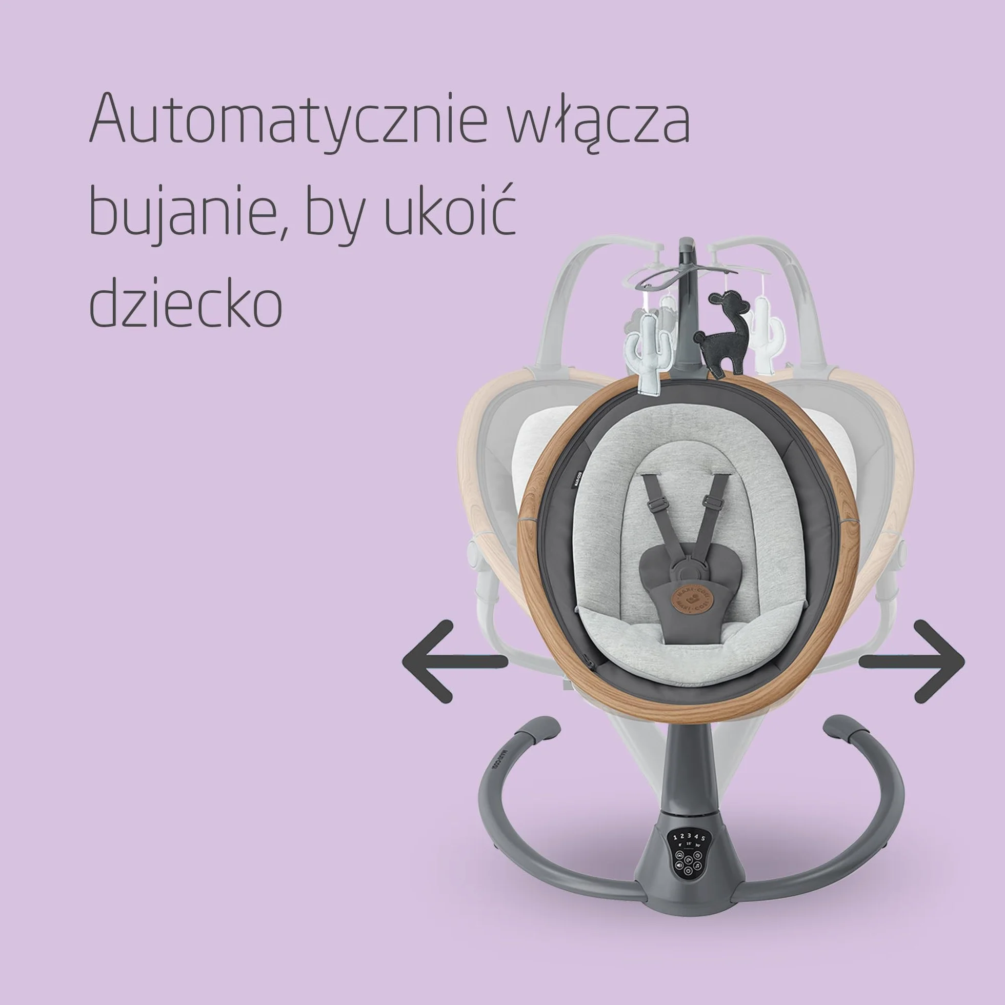 Maxi-Cosi Cassia Huśtawka Elektryczna Dla Niemowląt, 0–6 mies., maks. 9 kg, bujaczek leżaczek, 12 melodii, obrac. siedziska 360°, Autowykryw. ruchu, 5 prędk., 2 poz. odchylenia, Essential Graphite