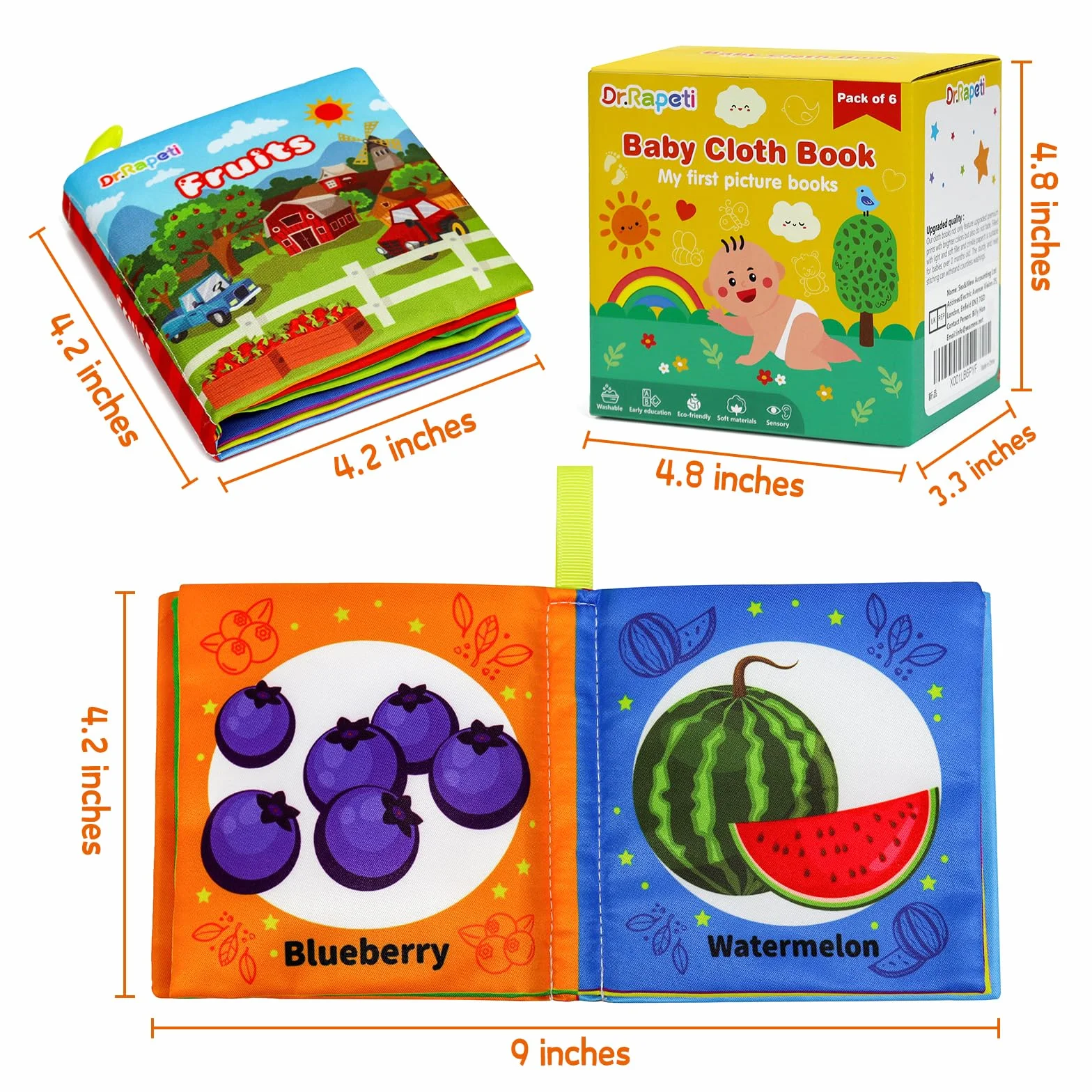 Dr.Rapeti 6 Pack Soft Books - Baby Sensory, Bath, Crinkle Books - Washable, Nontoxic Educational Learning Toy for Infant Toddler Kids