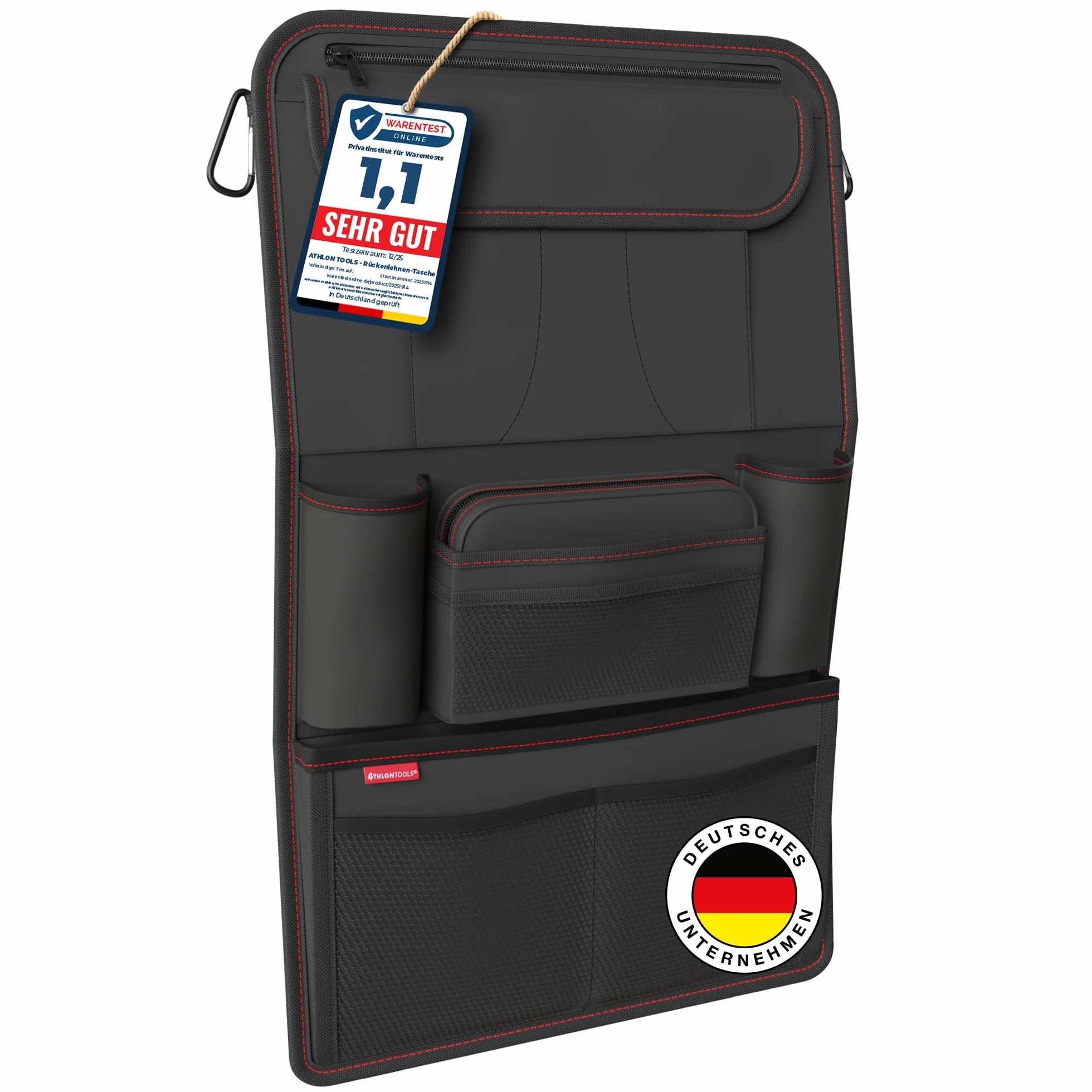 ATHLON TOOLS Najstabilniejszy organizer na fotel samochodowy z uchwytem na tablet, wzmocniony tył, bezpieczny dla żywności, z dodatkowym piórnikiem, biznesowy / dla dzieci, zaprojektowany w Hamburgu