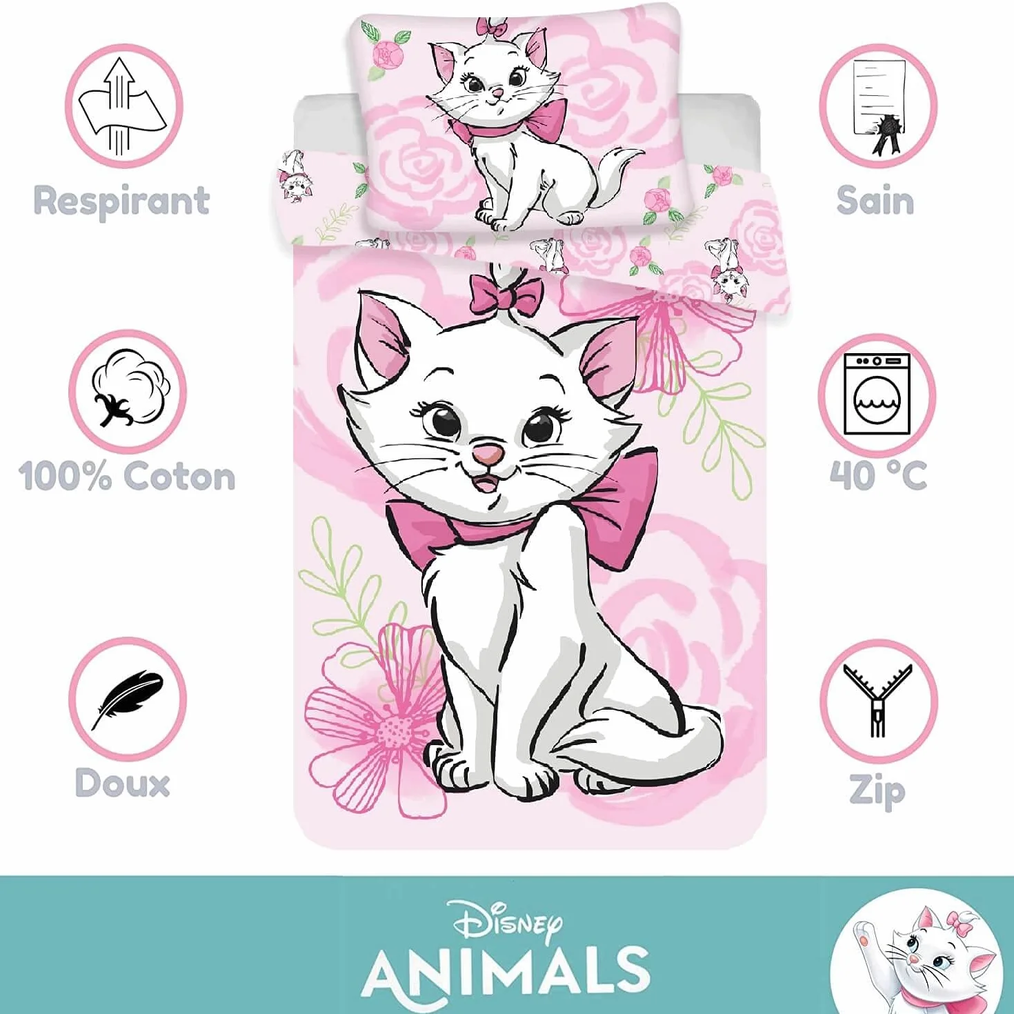 Disney Marie Aristocats Poszewka na kołdrę dla niemowląt 100x135 cm i poszewka na poduszkę 40x60 cm, zestaw pościeli dla niemowląt, 60 x 120 lub 70 x 140 cm, pościel dla małych dzieci.