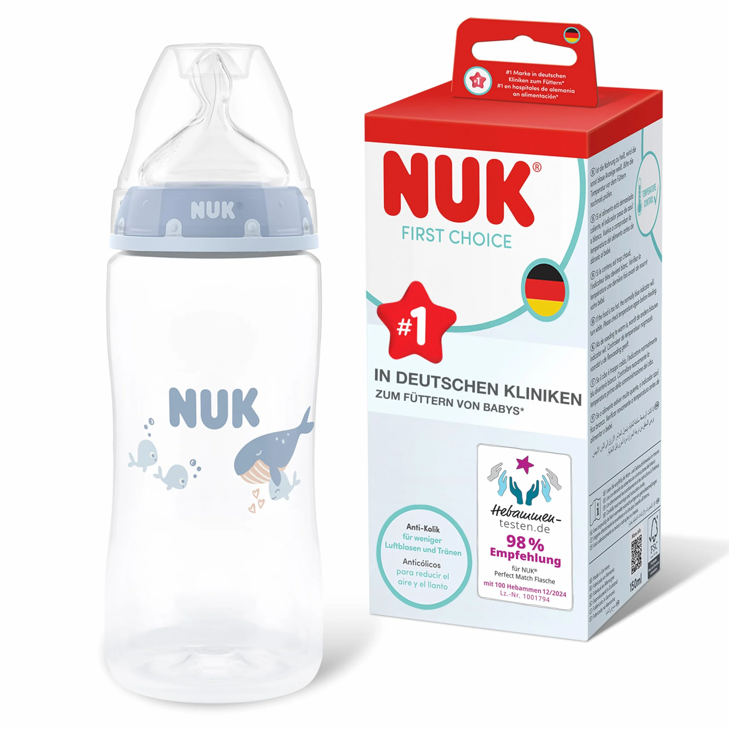 NUK First Choice Butelka dla niemowląt | 3+ miesiące | 300 ml | Butelka przeciwkolkowa | PP | Wskaźnik kontroli temperatury | Wieloryb | 1 sztuka