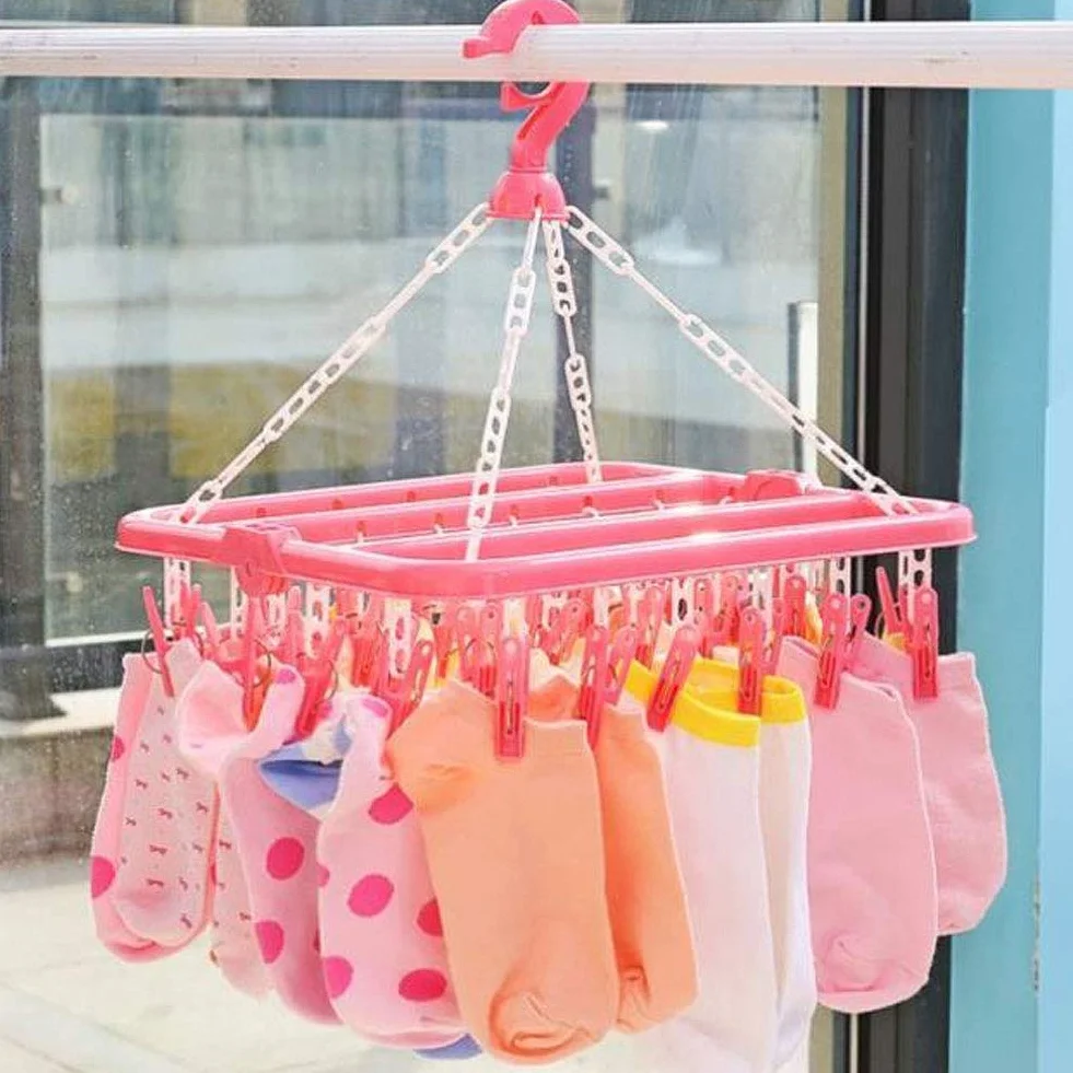 Wäschebügel 32 Clips Klapp Kleiderbügel Trockner Socken Unterwäsche Baby Kleidung BHs Handtuch Stoffwindeln Wäscheständer(Rosa)