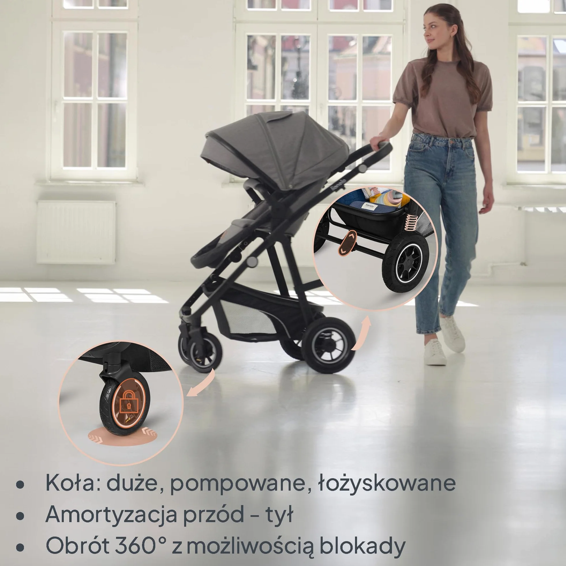 LIONELO BIANKA Wózek Spacerowy Dziecięcy 3 w 1 do 22 kg Gondola Fotelik Samochodowy do 13 kg, Składany, System Podróżny Regulacja Oparcia Koła 360o Amortyzacja, Daszek XXL (Beżowy)