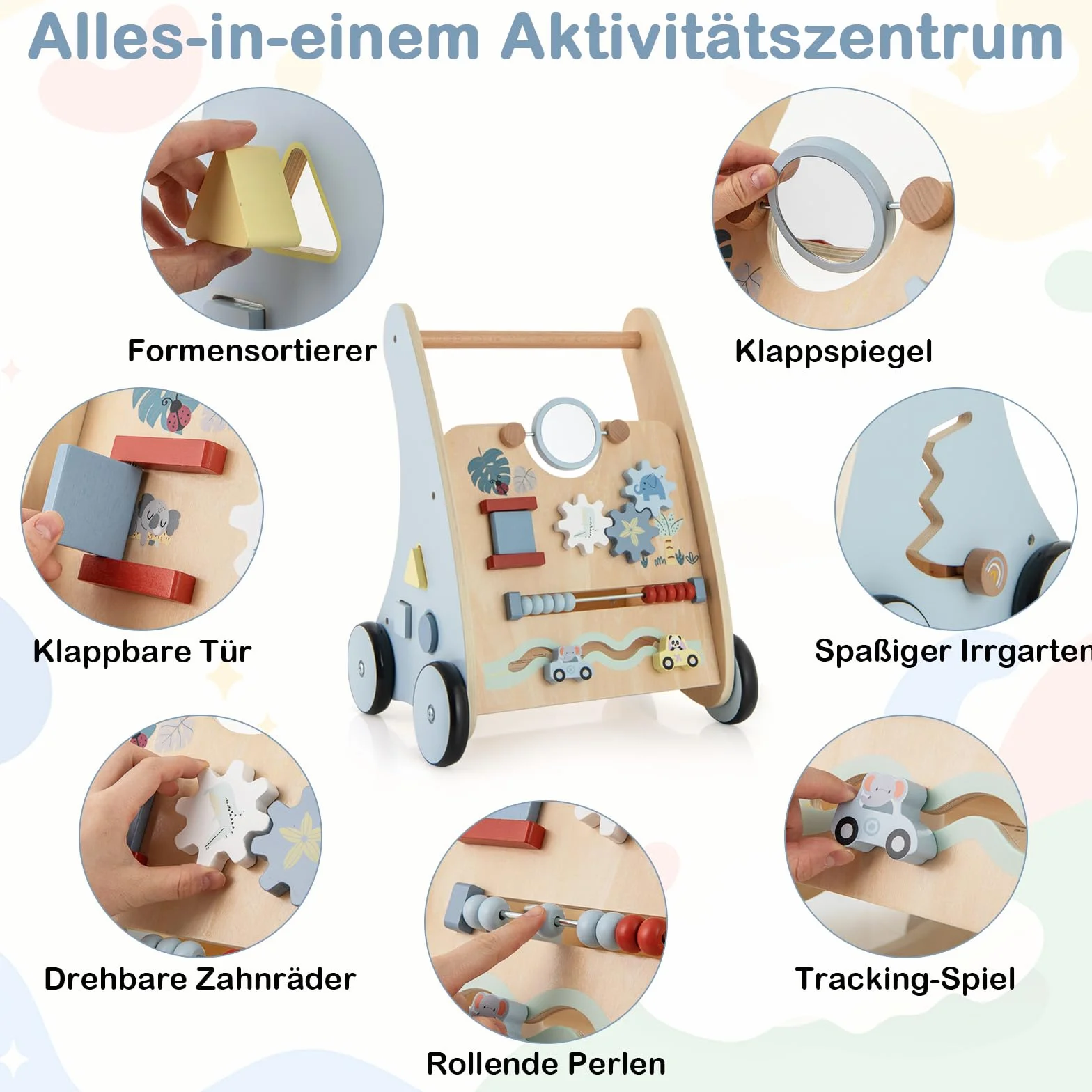 GOPLUS Wózek do nauki chodzenia 2 w 1, drewniany z interaktywnymi elementami, tylna półka, wózek do biegania Montessori Baby Walker dla dziewczynek i chłopców od 1 roku życia