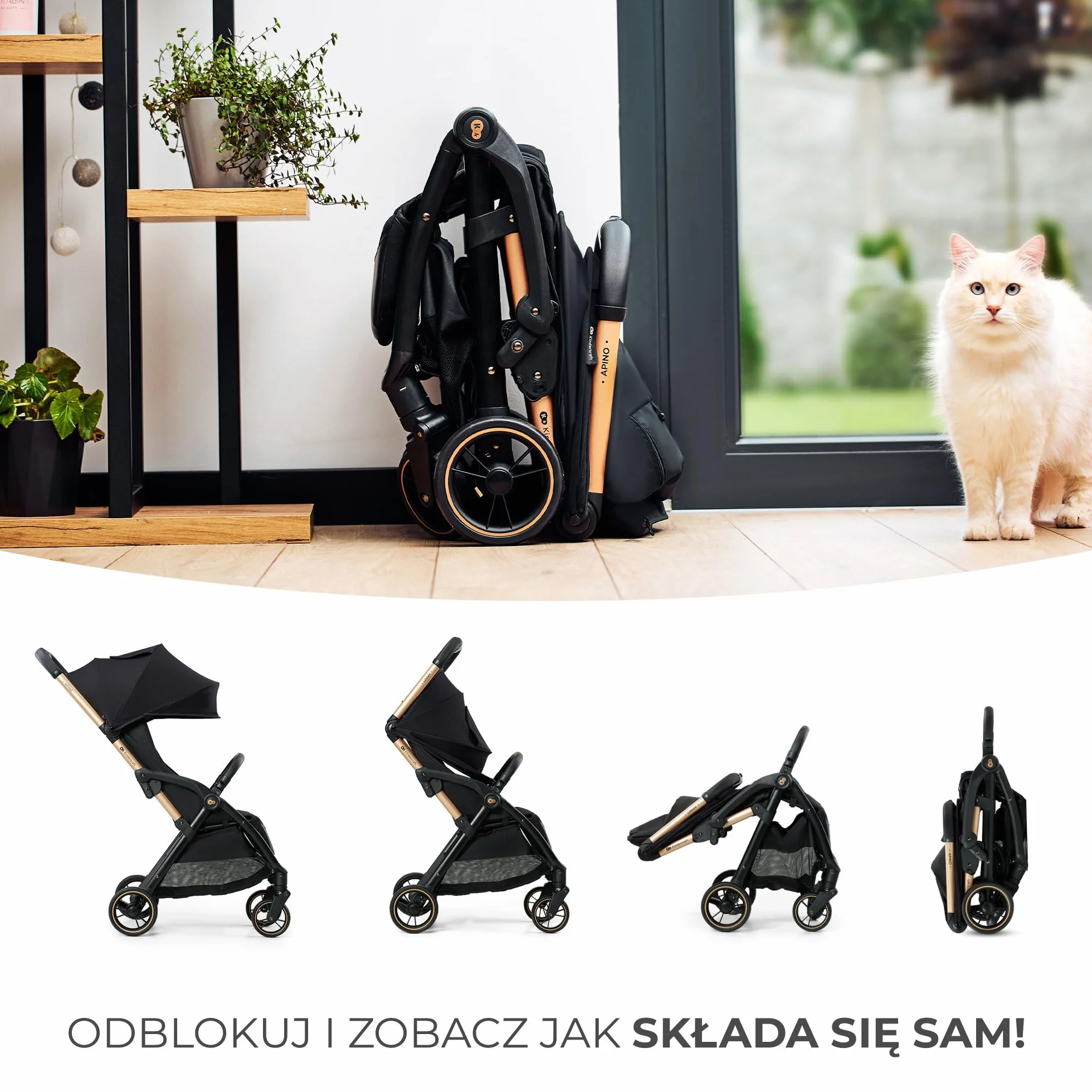 Kinderkraft APINO Lekka Spacerówka, Wózek dziecięcy, Idealny na podróż, AUTO FOLDING, Składany, Kompaktowy, Lekki, Tylko 7,5kg, Wodoodporna budka, Regulacja oparcia, obciążenie do 24kg, Beżowy