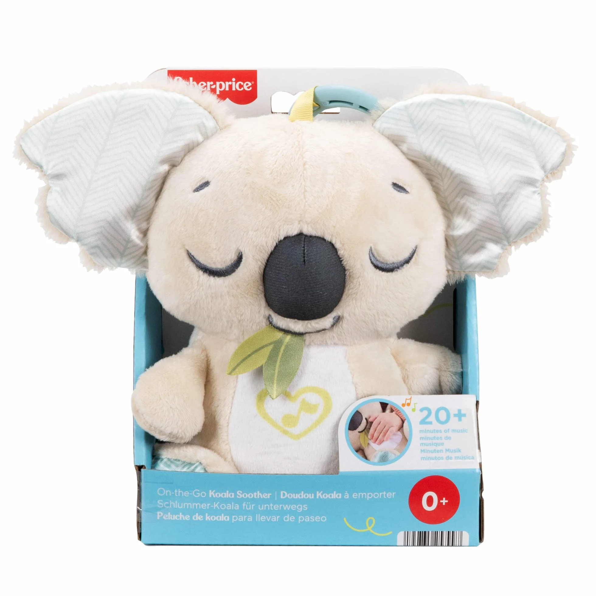 Fisher-Price Koala Muzyczny przenośny uspokajacz Zawieszka do wózka, pluszowy przenośny uspokajacz przytulanka z aktywacjami dźwiękowymi, zabawka sensoryczna dla niemowląt od narodzin, JBD65