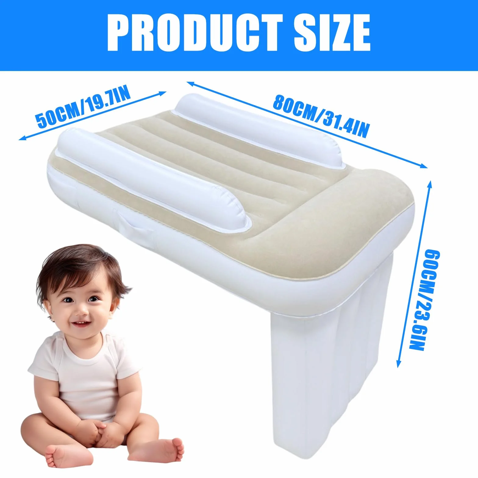Air Baby Samolot Must Have 80 x 60 x 50 cm, przenośny przedłużacz siedziska z pompką powietrzną, nadmuchiwane łóżko samolotowe dla dzieci do spania, pasuje do większości foteli w samolotach i