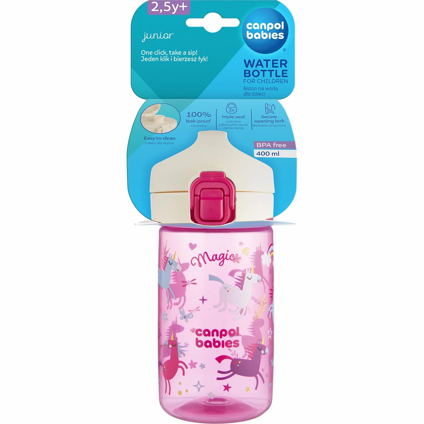 Canpol babies Bidon na wodę dla dzieci od 2,5 r.ż. Junior 400 ml Blokada przycisku, Wygodny do picia i mycia ustnik (Różowy)
