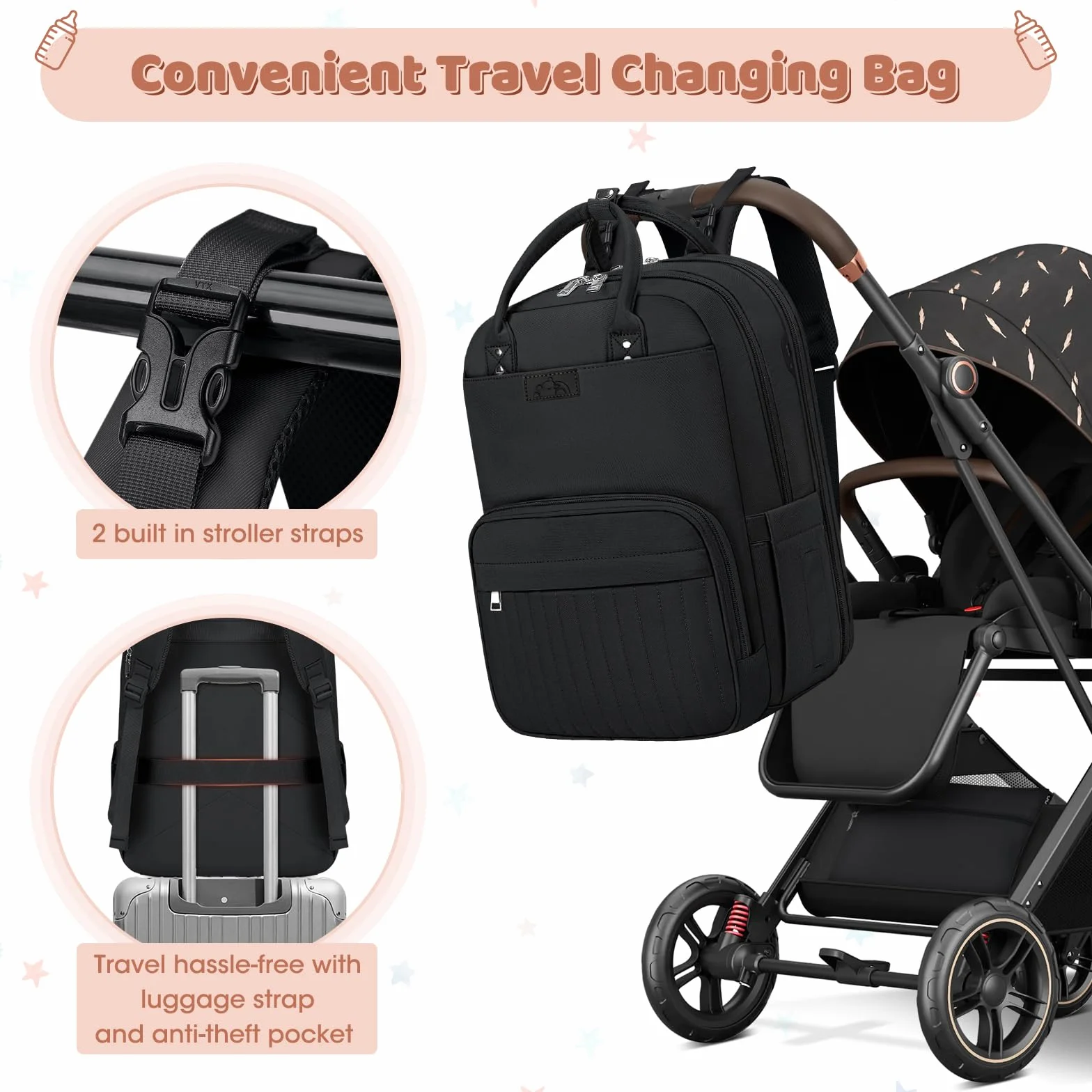 RAINSMORE Plecak do przewijania niemowląt, duża torba do przewijania, plecak z paskami do wózka dziecięcego i podkładką do przewijania, torba podróżna Diaper Bag, kolor czarny