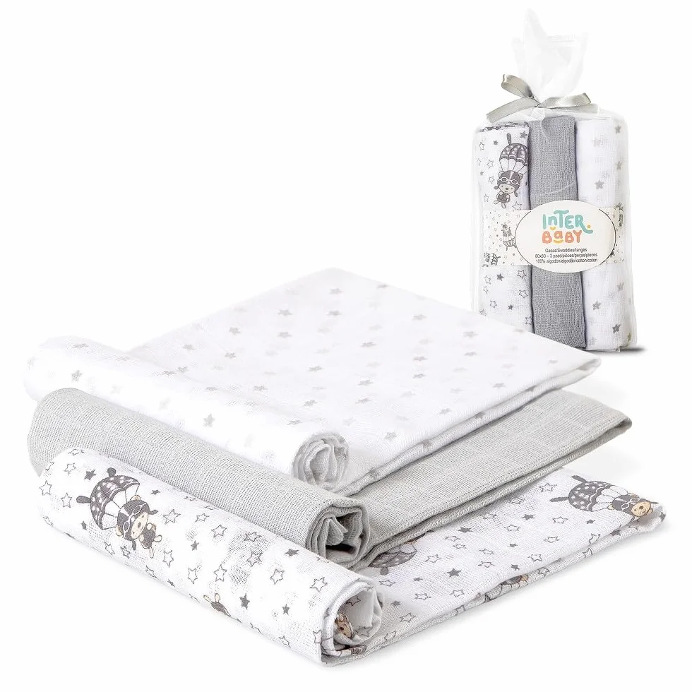Interbaby Muślin Bawełna dla niemowląt 80 x 80 cm | Zestaw 3 gaz dla noworodków, karmienia piersią, ręcznik, koc | Muśliny dla niemowląt Wygodne, miękkie, oddychające | Szary wzór spadochroniarza