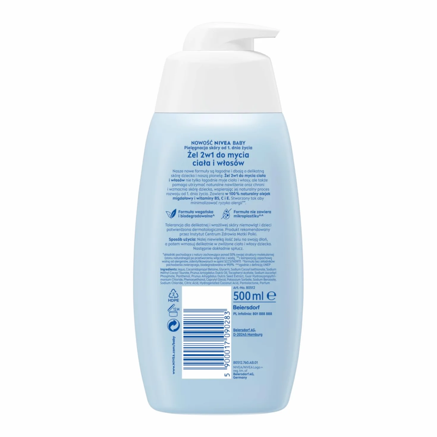 NIVEA BABY Żel 2w1 do Mycia Ciała i Włosów, 500 ml z Pompką