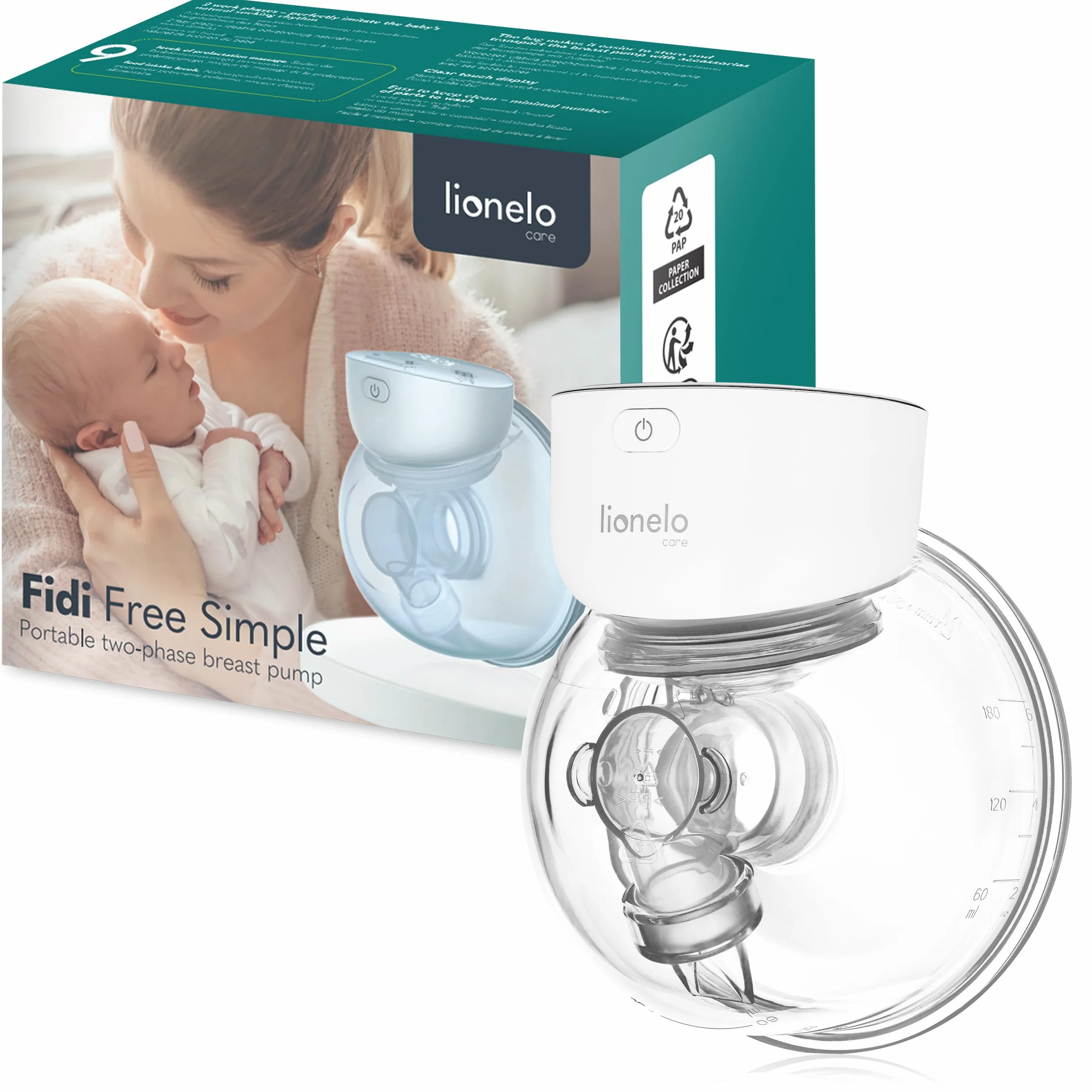 LIONELO Fidi Free Simple Laktator Elektryczny 180 ml, Przenośna 2-fazowa Pompka do Mleka, Bez Użycia Rąk, Energooszczędny Masaż 9 poziomów, 5 rozmiarów silikonowych lejków Timer
