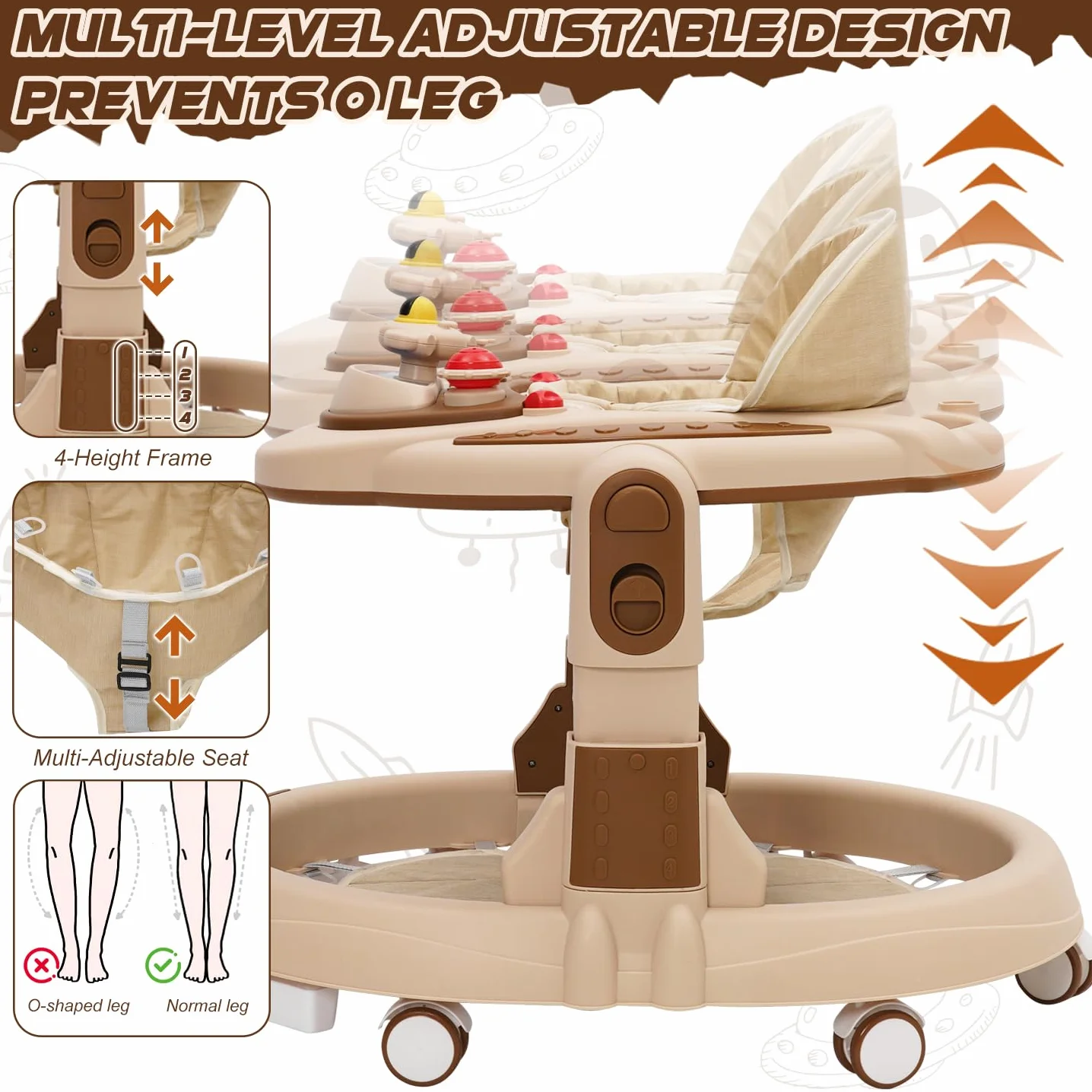 Pomoc do nauki chodzenia, Baby Walker 4-stopniowa regulacja wysokości z podpórką muzyczną i centrum zabaw, wózek do nauki chodzenia z cichymi kółkami 360°, wózek do nauki chodzenia dla dzieci w wieku