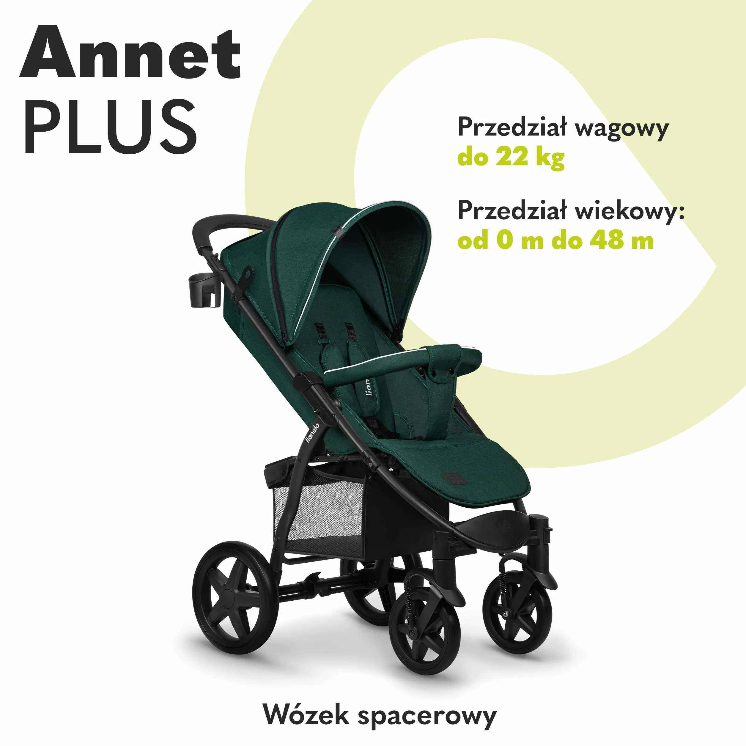LIONELO Annet Plus wózek spacerowy do 22 kg, regulacja oparcia do pozycji leżącej, łatwe składanie, koła EVA, 5-punktowe pasy, daszek XXL, ocieplacz moskitiera (zielony)