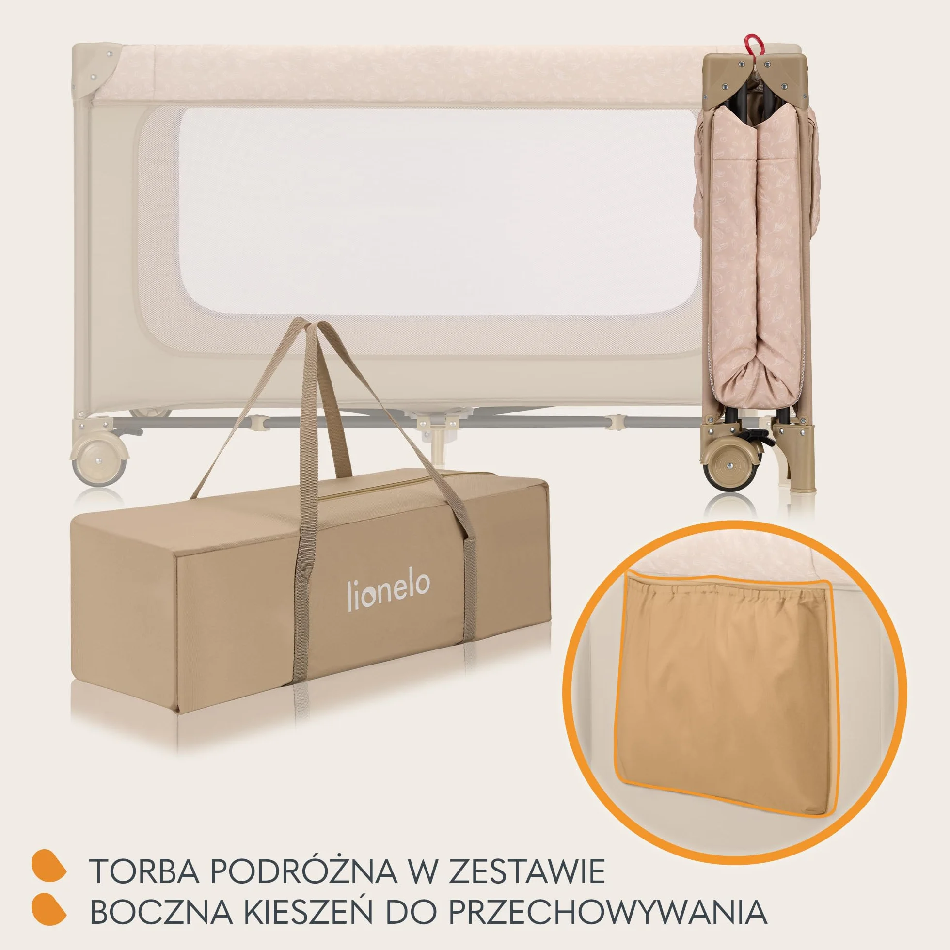 LIONELO Jasmin Easy Fold Łóżeczko Turystyczne Dziecięce do 15 kg od 0 do 36 miesięcy Piankowy Materac T25, 2 Poziomy Wysokości, Szybkie Składanie Easy Fold, Boczne Wejście, Kółka (Beżowy)