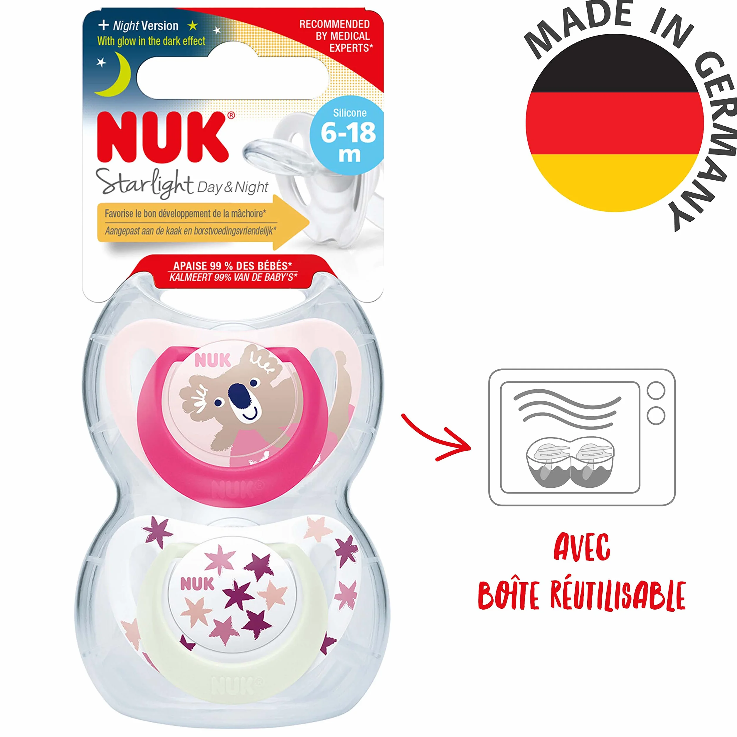 NUK Star Night & Day Smoczek dla niemowląt | 6-18 miesięcy | Świecące smoczki silikonowe, bez BPA, różowy Koala, 2 szt