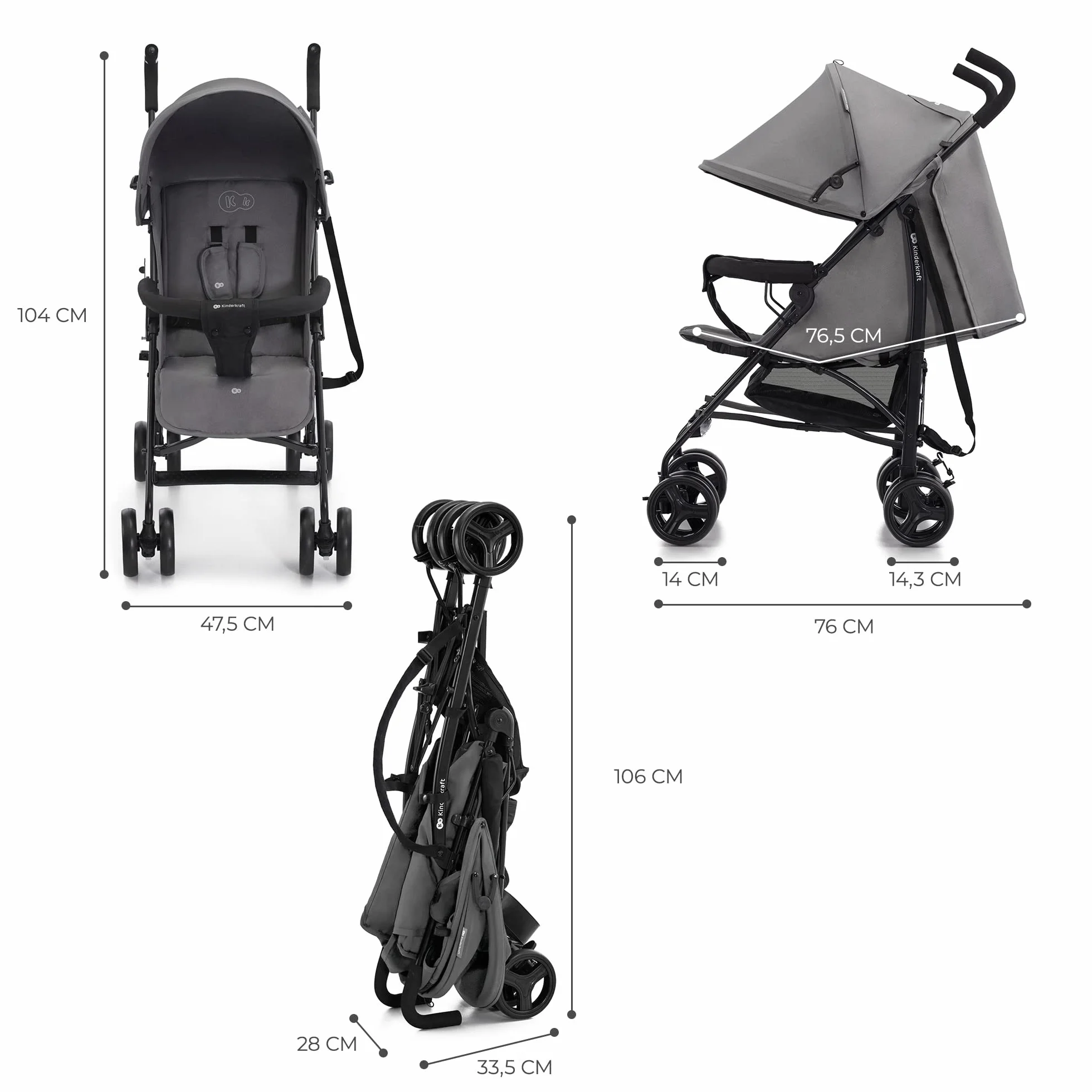 kk Kinderkraft TIK Lekka Spacerówka, Parasolka, Wózek dziecięcy, na podróż, Składany do kompaktowych rozmiarów, Lekka, tylko 6,5kg, Regulacja oparcia, od 6 miesięcy, max obciążenie 17kg, Szary