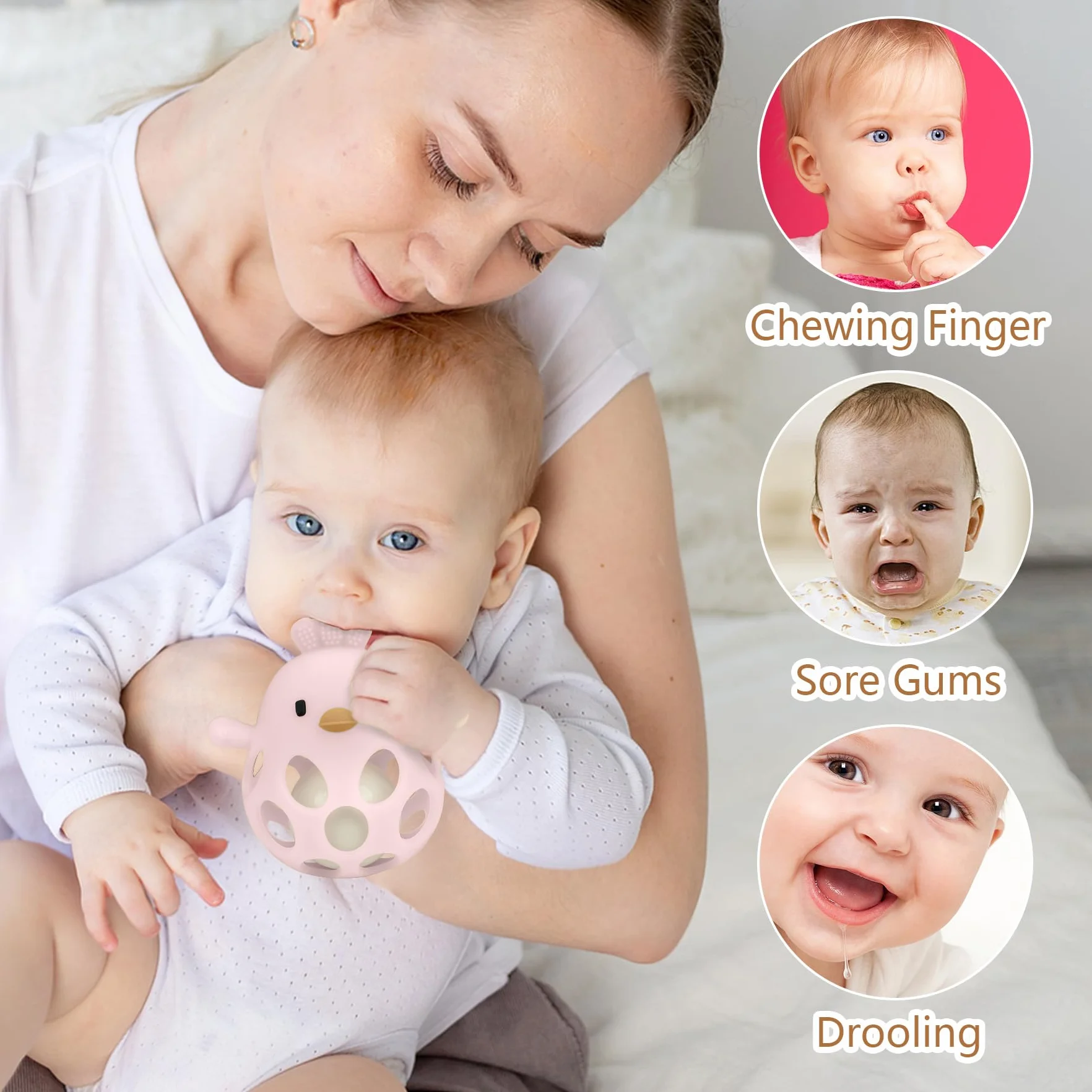 MCGMITT BPA-free silikonowa piłka dla niemowląt, z grzechotką, zabawka sensoryczna i motoryczna w kształcie kurczaka, prezent Montessori na ząbkowanie 0 6 9 miesięcy, dla niemowląt i małych dzieci