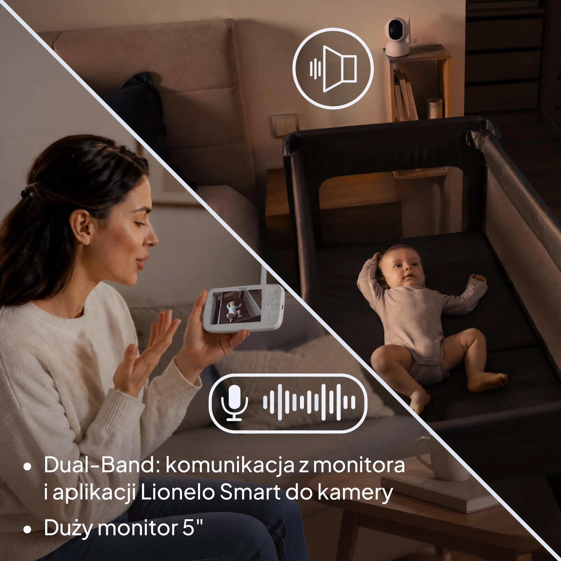 Lionelo Babyline 8.4 elektroniczna niania z kamerą i aplikacją, monitor wideo dla niemowląt z 5-calowym wyświetlaczem, Full HD 1080p, widoczność w nocy, wykrywanie ruchu i pisania, 2-drożne audio
