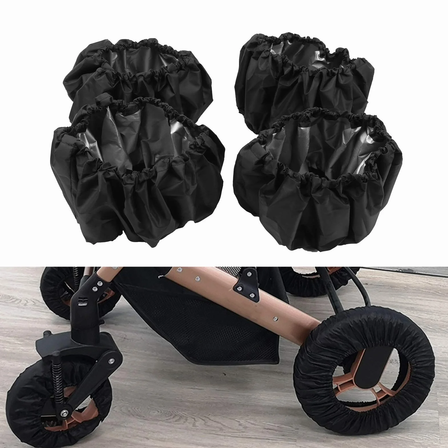 Kinderwagen Radabdeckung, 4 Stück Oxford Stoff Kinderwagen Staubdichte Fußabdeckung Radschutzabdeckung Kinderwagen Zubehör(L-Schwarz)