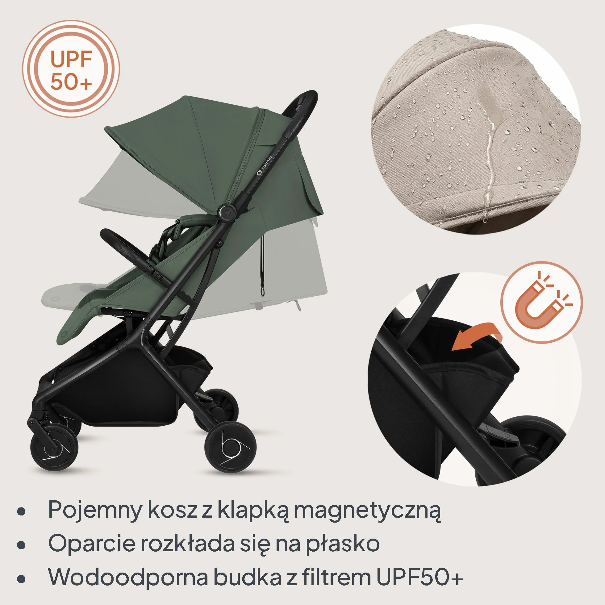 Lionelo Sia wózek podróżny ultralekki i ultra kompaktowy, składany, 5,9 kg, do 22 kg, od 6 miesięcy do 4 lat, pozycja leżąca, zawieszenie, osłona UPF50+, moskitiera, kosz na zakupy 3 kg, uchwyt na