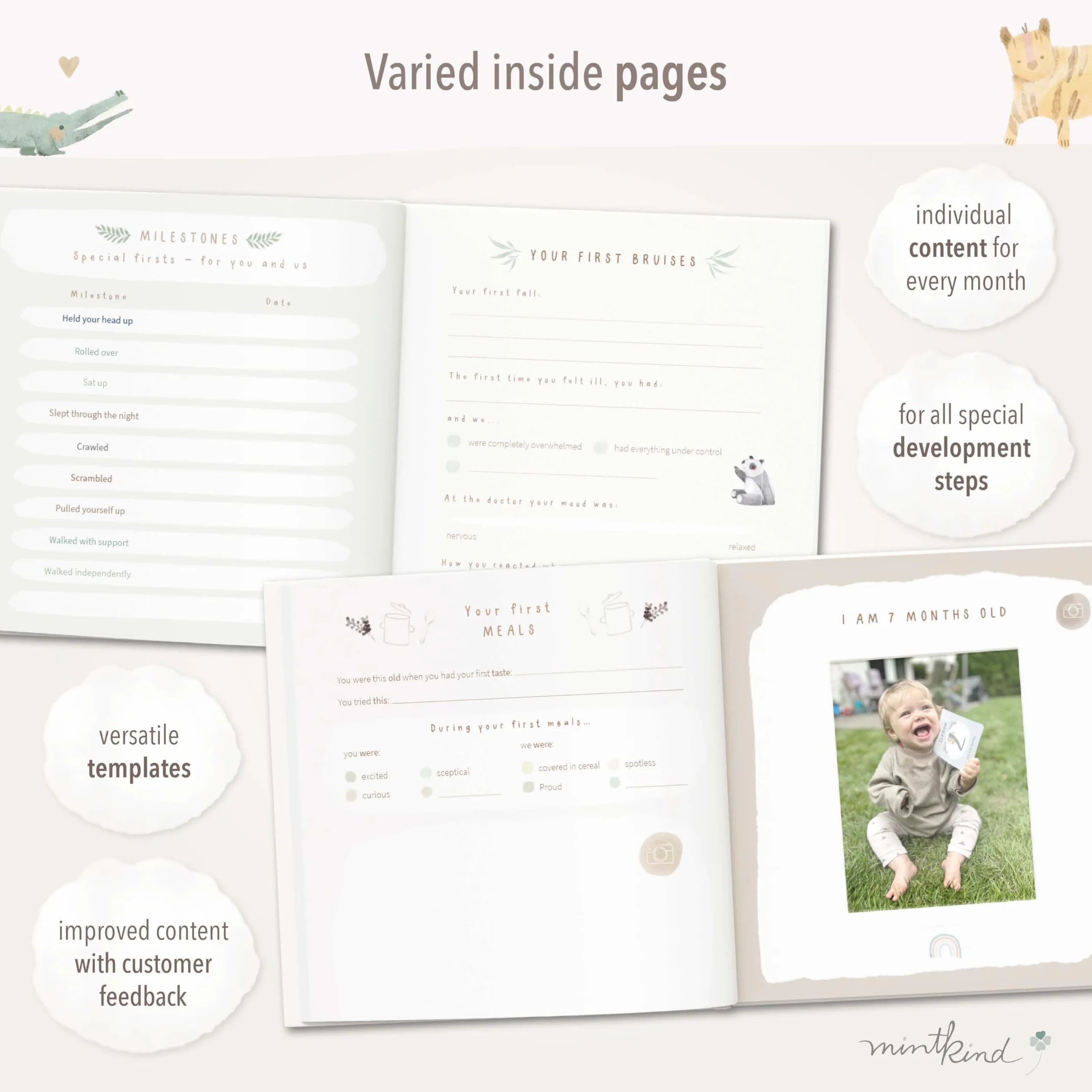 mintkind First Year Baby Journal – 176 Page Memory Book to Document Baby Milestones – Sage Green Hardcover – neutralny album fotograficzny dla płci – mocny prezent dla urodzin lub baby shower