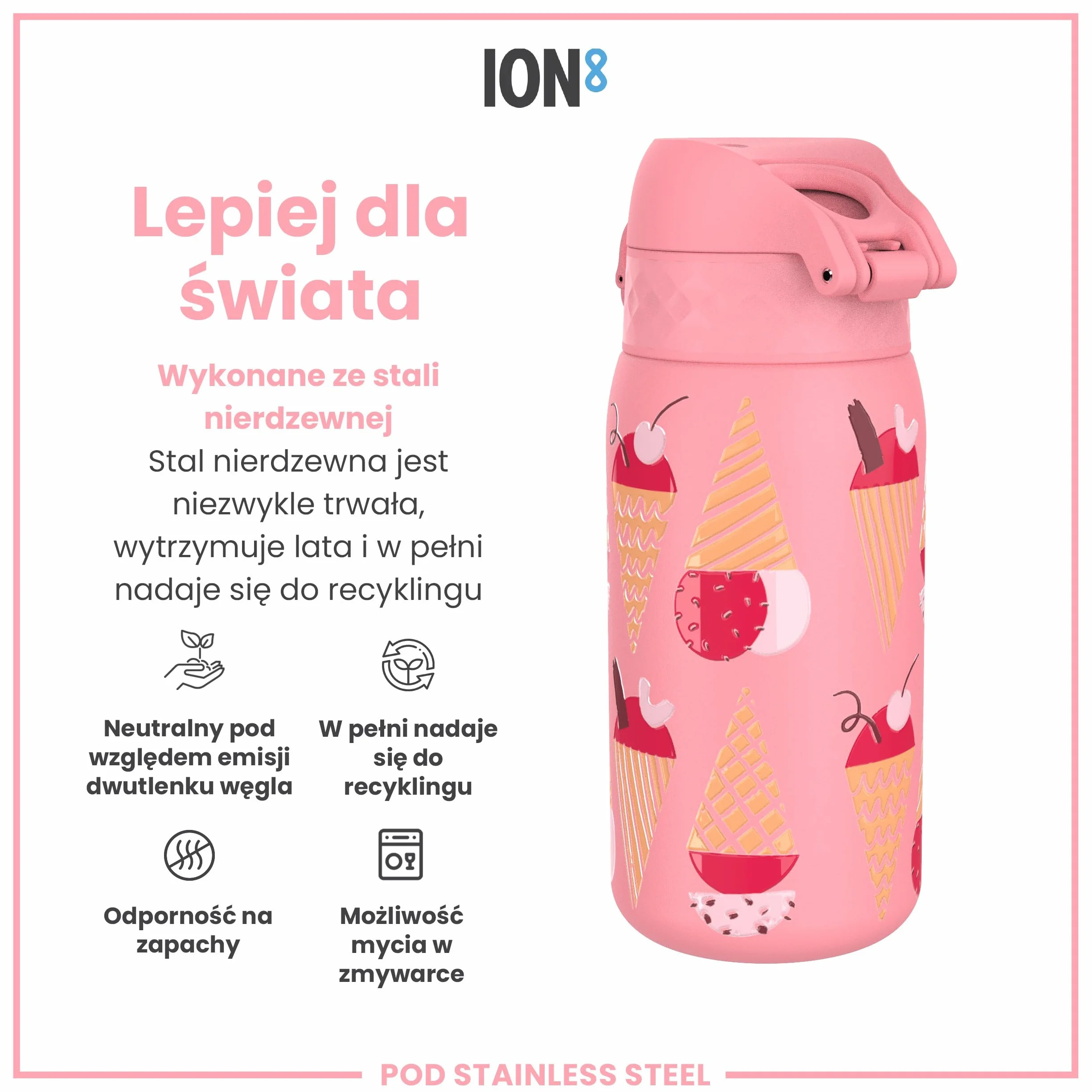 ION8 Butelka na Wodę dla Dzieci ze Lekki Stali, 400 ml/13 oz, Nieocieplany, Szczelna, Łatwa do Otwarcia, Bezpieczny Zamek, Można Myć w Zmywarce, Składany Uchwyt, Łatwa w Czyszczeniu, Lody