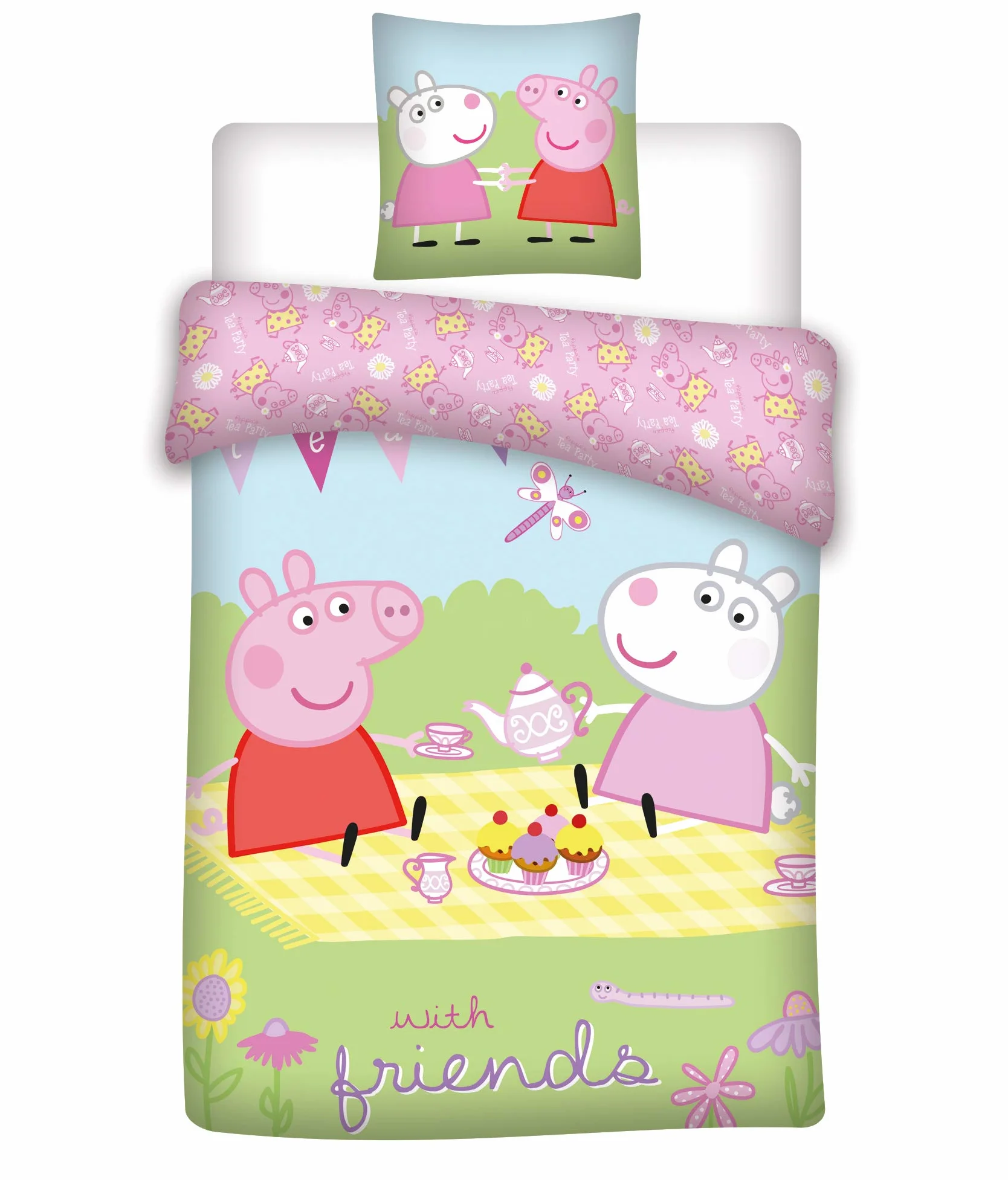 Peppa Świnka Pościel dla dzieci - Świnka Peppa z przyjaciółmi, Poszewka na poduszkę 40x60 + pościel 100x135cm, 100% bawełna Oeko-Tex