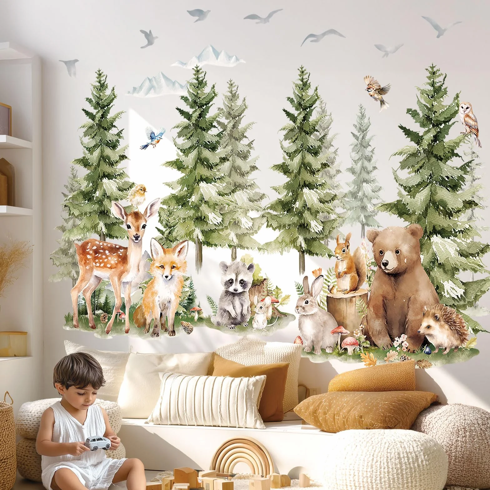 DECOWALL SG4-2422 Naklejki ścienne z sosnami i zwierzętami leśnymi Las górski Zwierzęta leśne Jeleń Lis Naklejki ścienne Przytulny pokój dla dzieci Przedszkole Sypialnia Wystrój pokoju zabaw