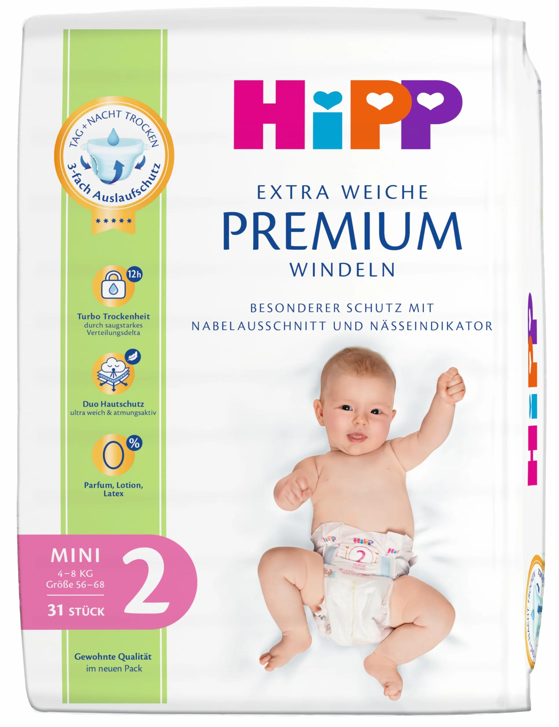 HiPP Bardzo miękkie pieluchy premium rozmiar 2 (mini 4-8 kg), 93 sztuki (3 opakowania po 31), z potrójną ochroną przed wyciekiem i podwójną ochroną skóry