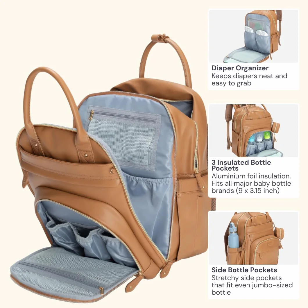 BabbleRoo Leather Diaper Bag Backpack - Baby Essentials Travel Baby Bag, Multi function, Waterproof, with Changing Pad, Stroller Straps & Pacifier Case – Unisex, Light Brown