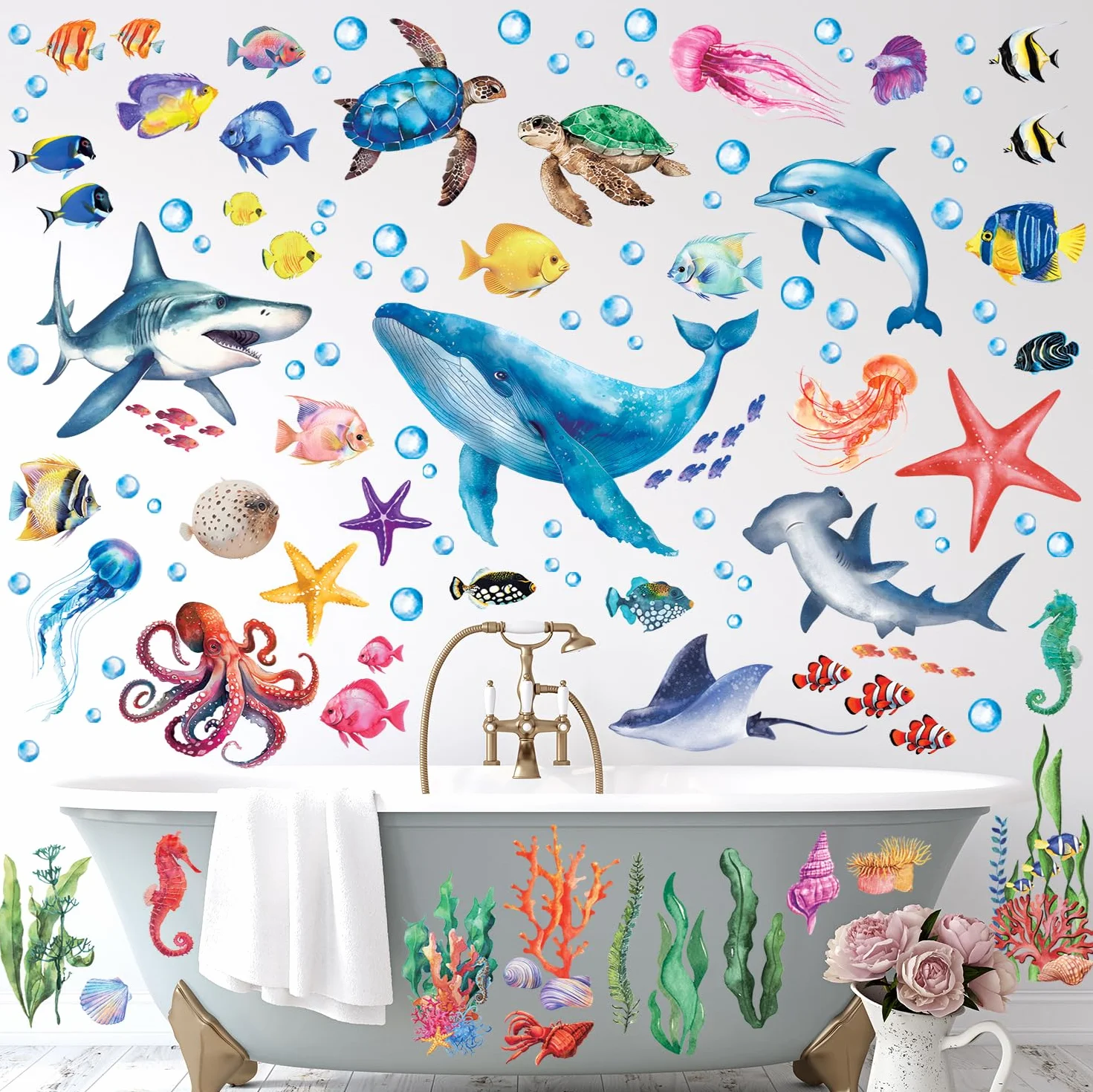 DECOWALL DS12-8078 pod wodą naklejka ścienna tatuaż ścienny ryby ocean ryby wodorosty naklejka ścienna łatwa do zdjęcia dla dzieci pokój dziecięcy pokój niemowląt sypialnia salon łazienka dekoracja