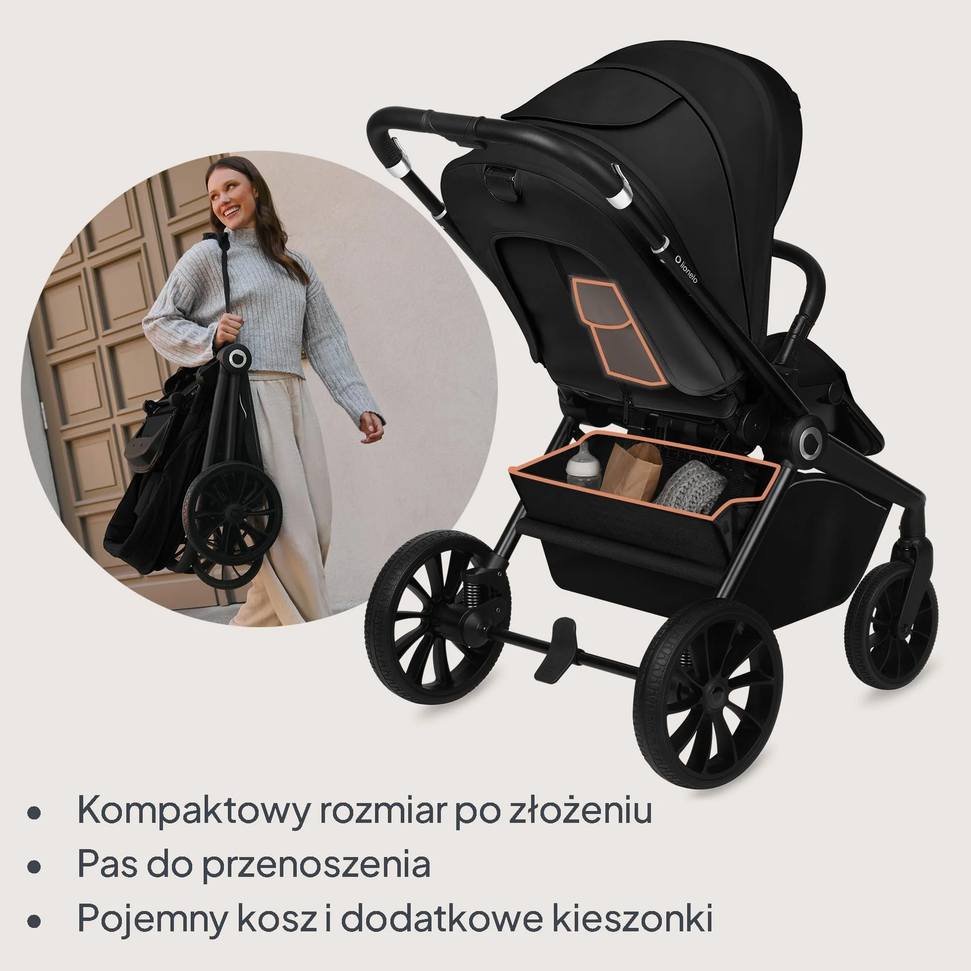LIONELO MIKA PLUS 3 w 1 Wózek Spacerowy Dziecięcy 0-48 miesięcy do 22 kg Gondola do 9 kg Fotelik Samochodowy Nosidło do 13 kg, Regulacja Oparcia, Amortyzacja, Koła 360° Budka XXL (Czarny)