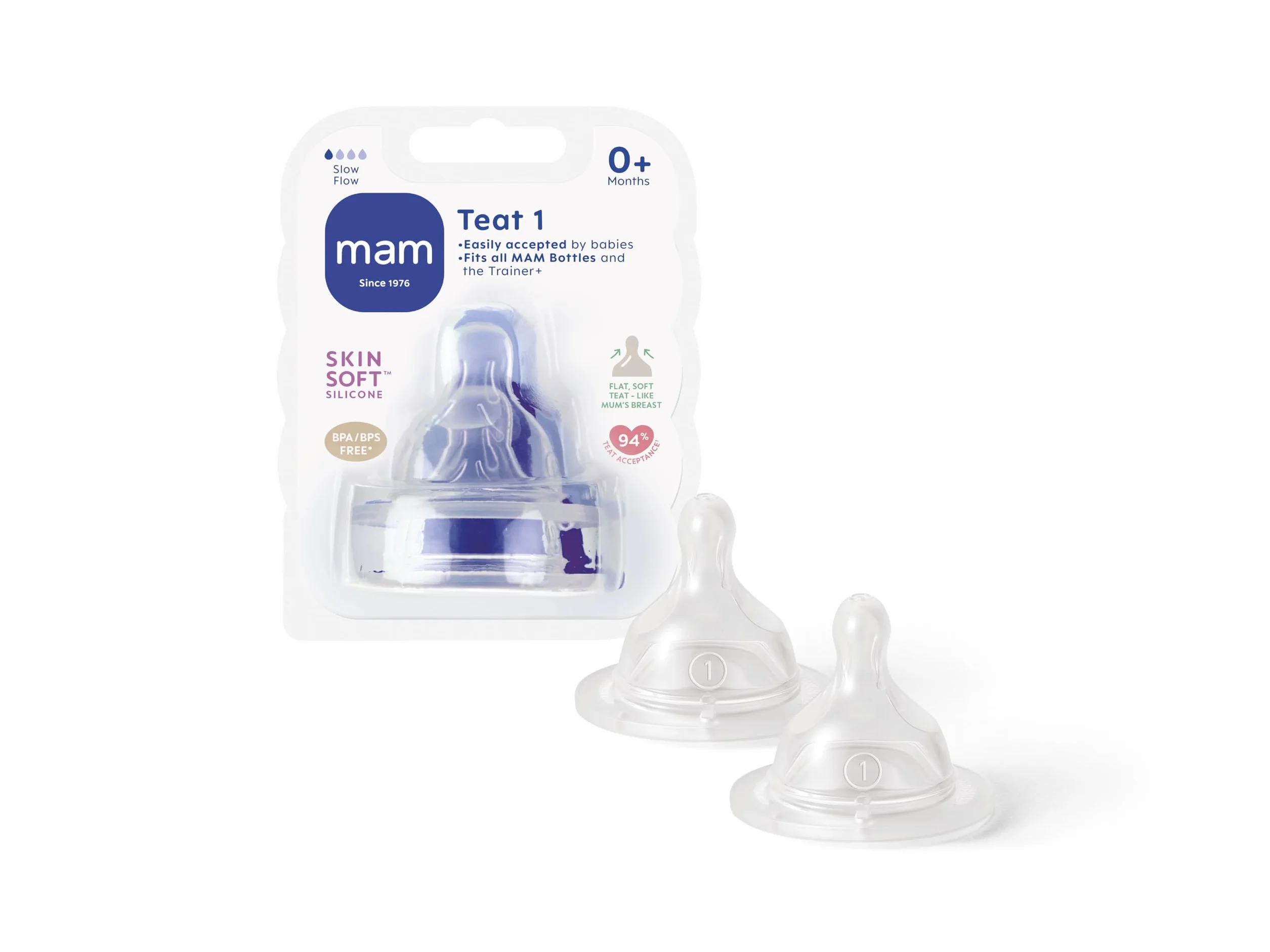 MAM Teats Size 1, Suitable for Newborns, Slow Flow SkinSoft Silicone Teats for Baby Bottles, Fits all MAM Bottles, Baby Feeding Essentials, Pack of 2