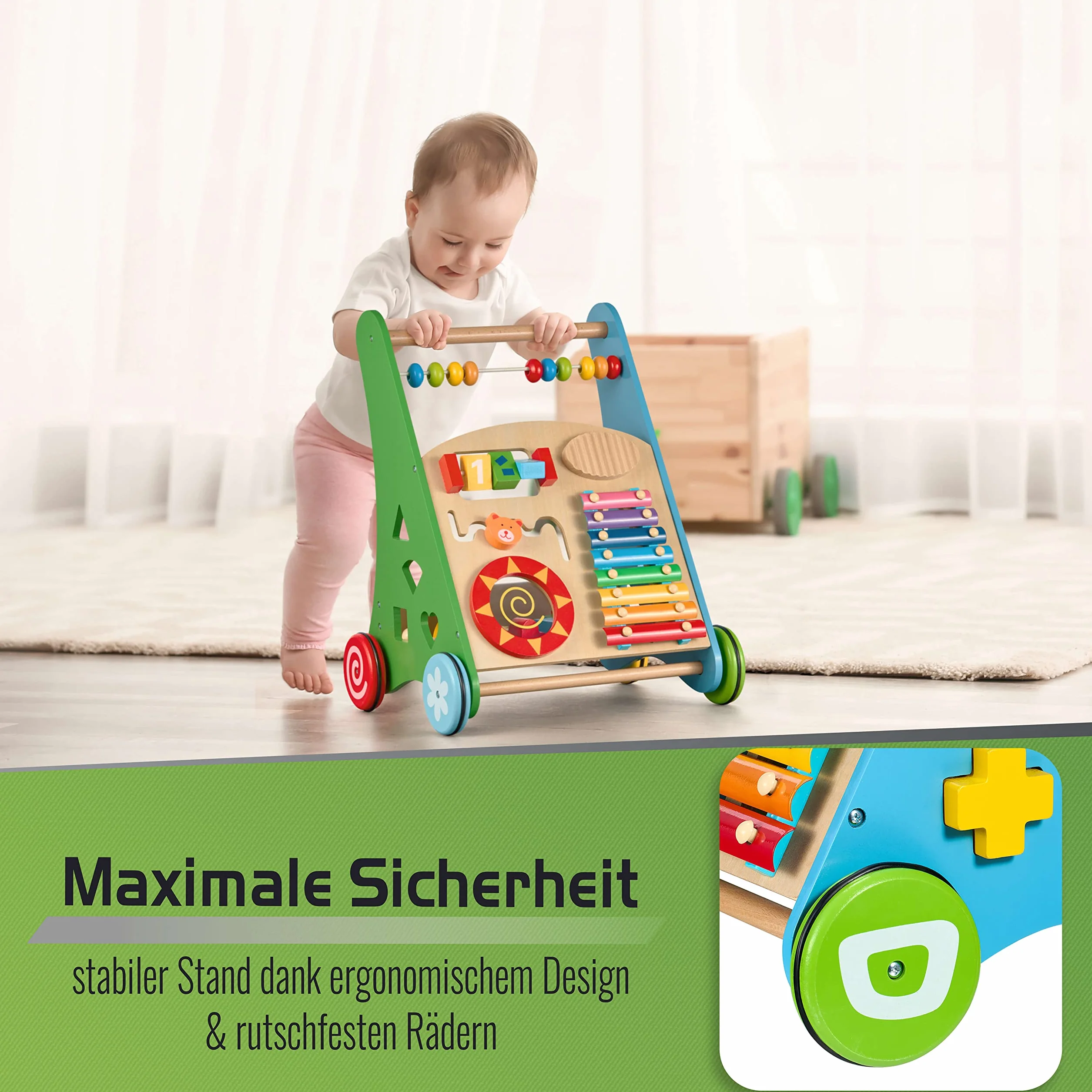 Balinco LEARNING WAGON WOOD, 3 w 1, zabawka edukacyjna + zabawka muzyczna + chodzik dla dziecka od 6 miesicy