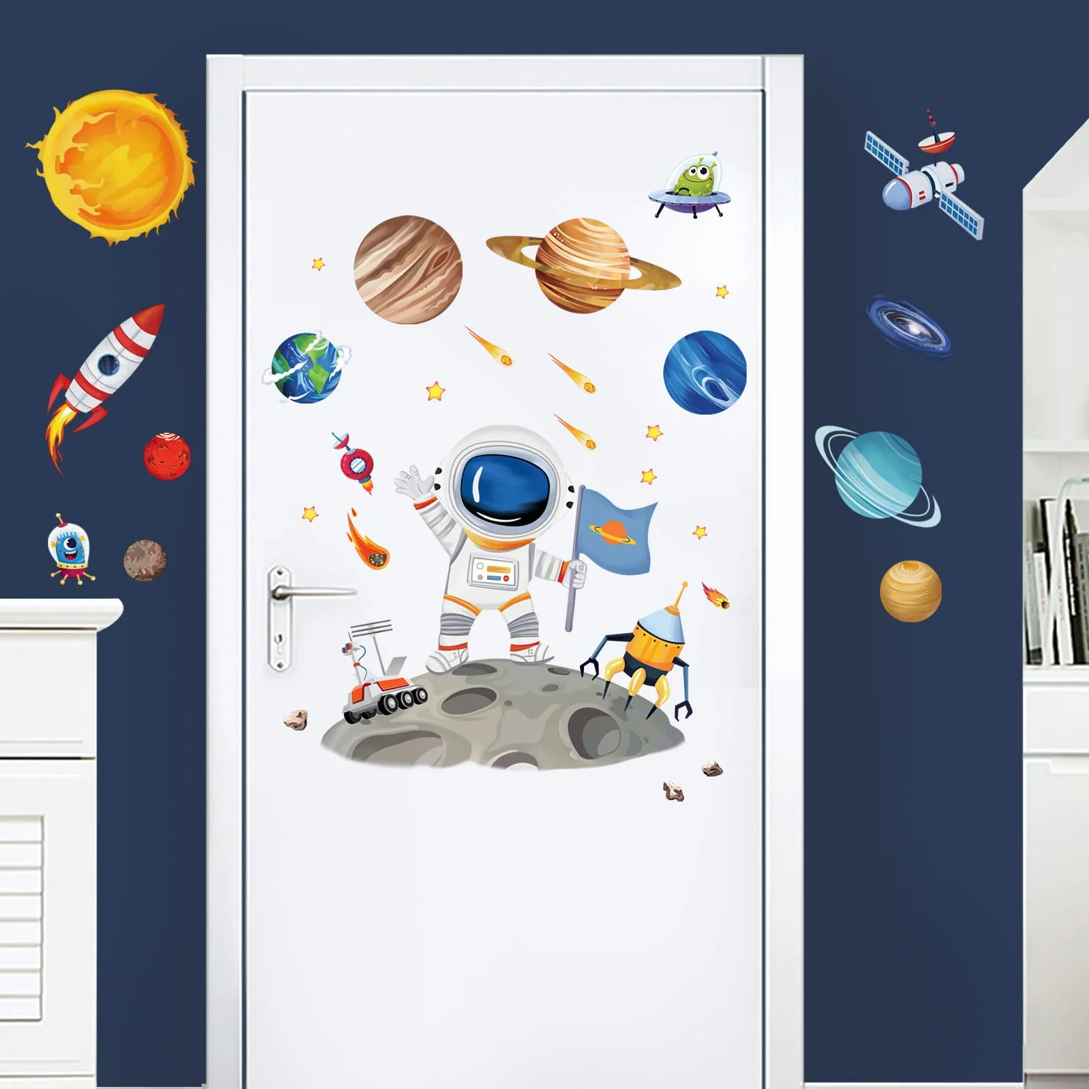 wondever Naklejka ścienna kosmos dzieci naklejki ścienne planety układ słoneczny astronauta naklejki ścienne dekoracja ścienna do pokoju dziecięcego pokoju niemowlęcego pokoju chłopięcego